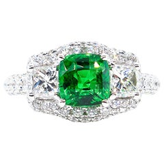 3.02 Carat AGL Natural No-Heat Tsavorite Cushion & Princess Diamond 3-Stone Ring