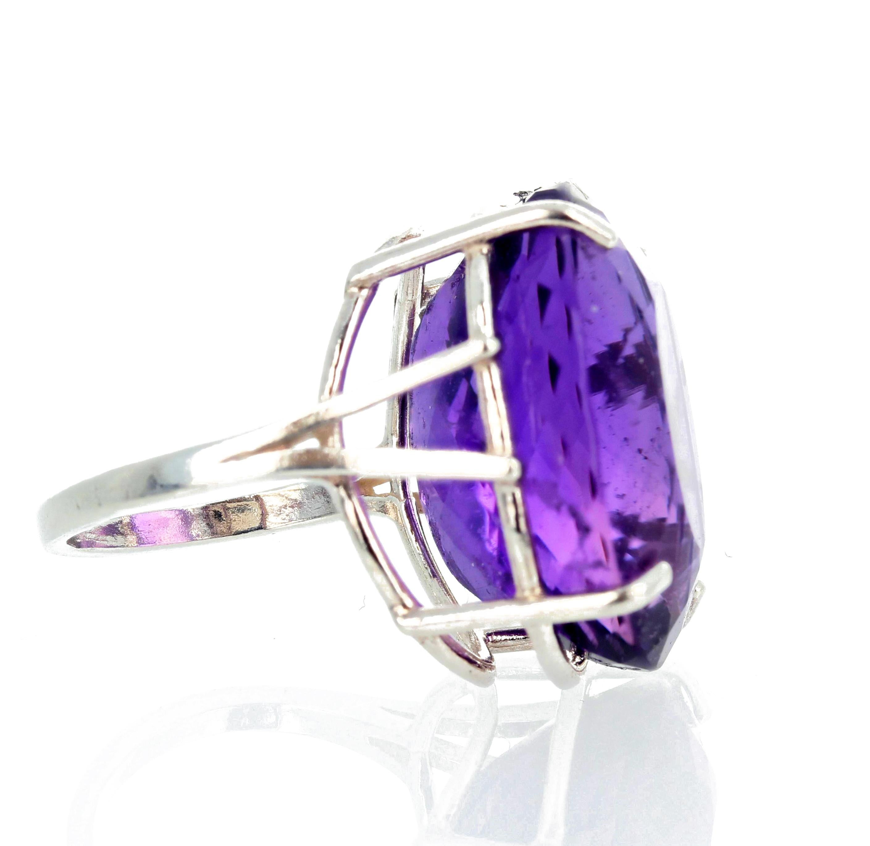 Oval Cut AJD Magnificent Large 30.2 Cts Intense Purple Amethyst Sterling Silver Ring