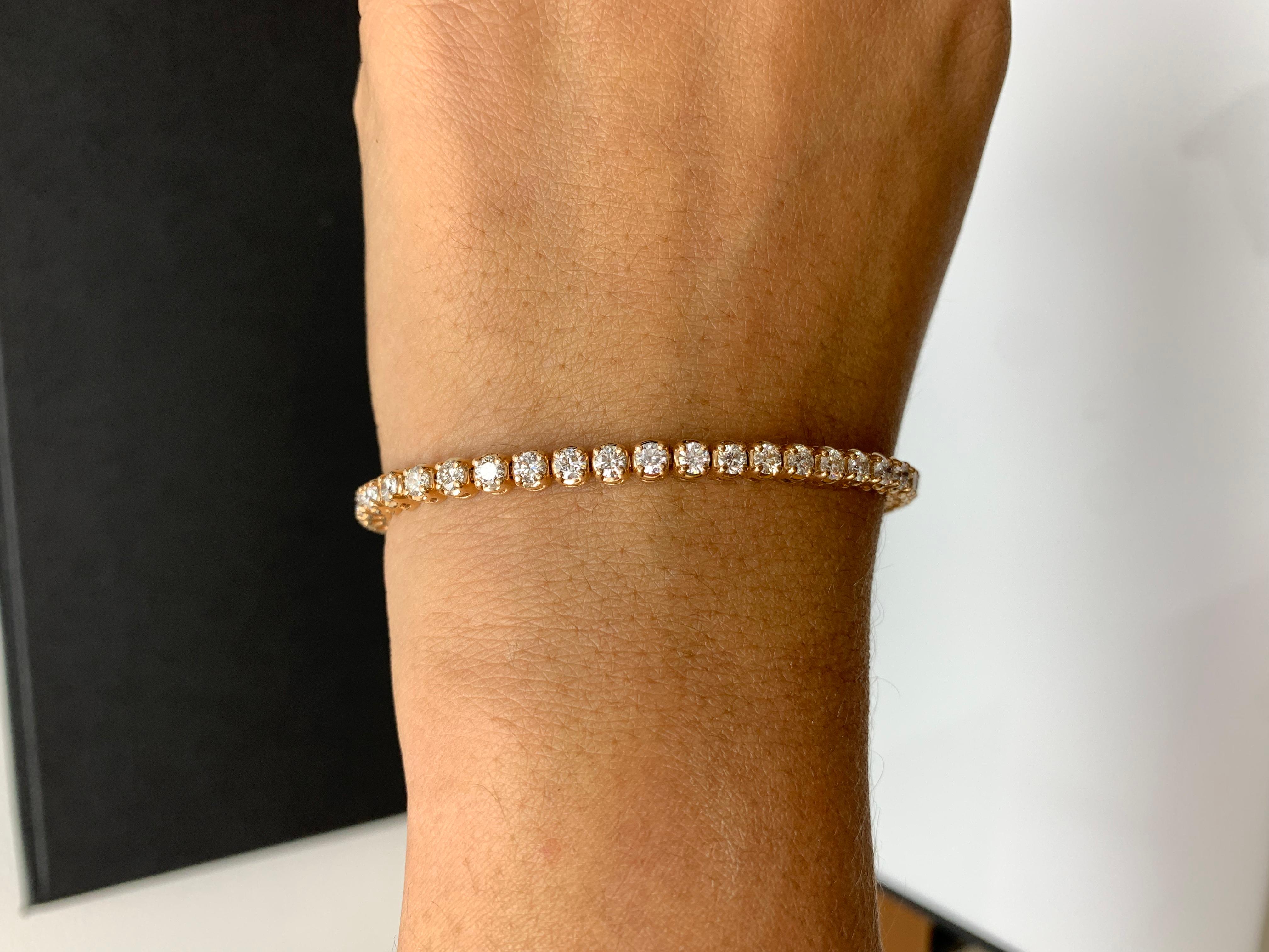 3.02 Carat Brilliant Cut Round Diamond Tennis Bracelet in 14K Rose Gold For Sale 4