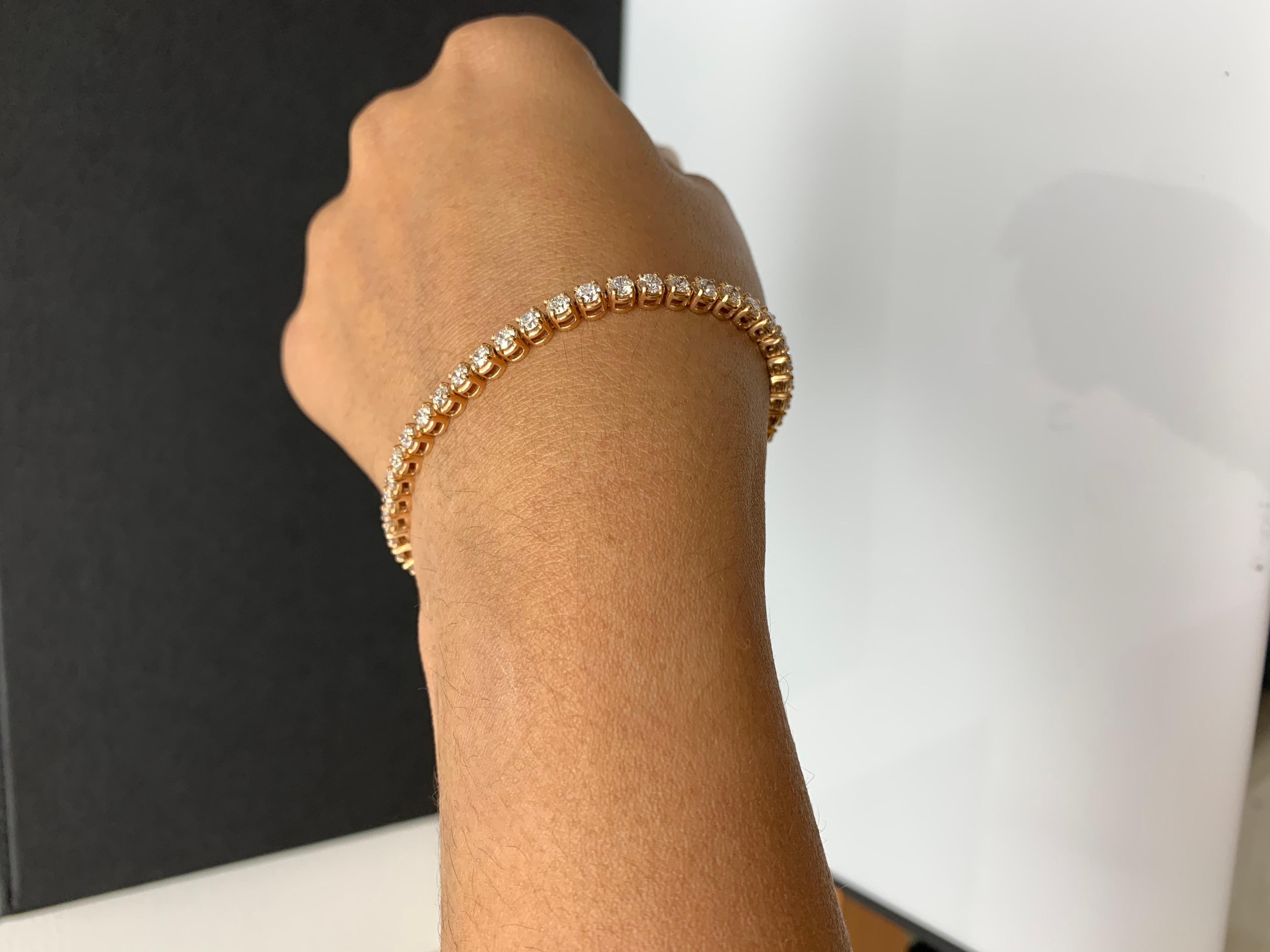 Pulsera de tenis con diamantes redondos talla brillante de 3,02 quilates en oro rosa de 14 quilates en venta 7