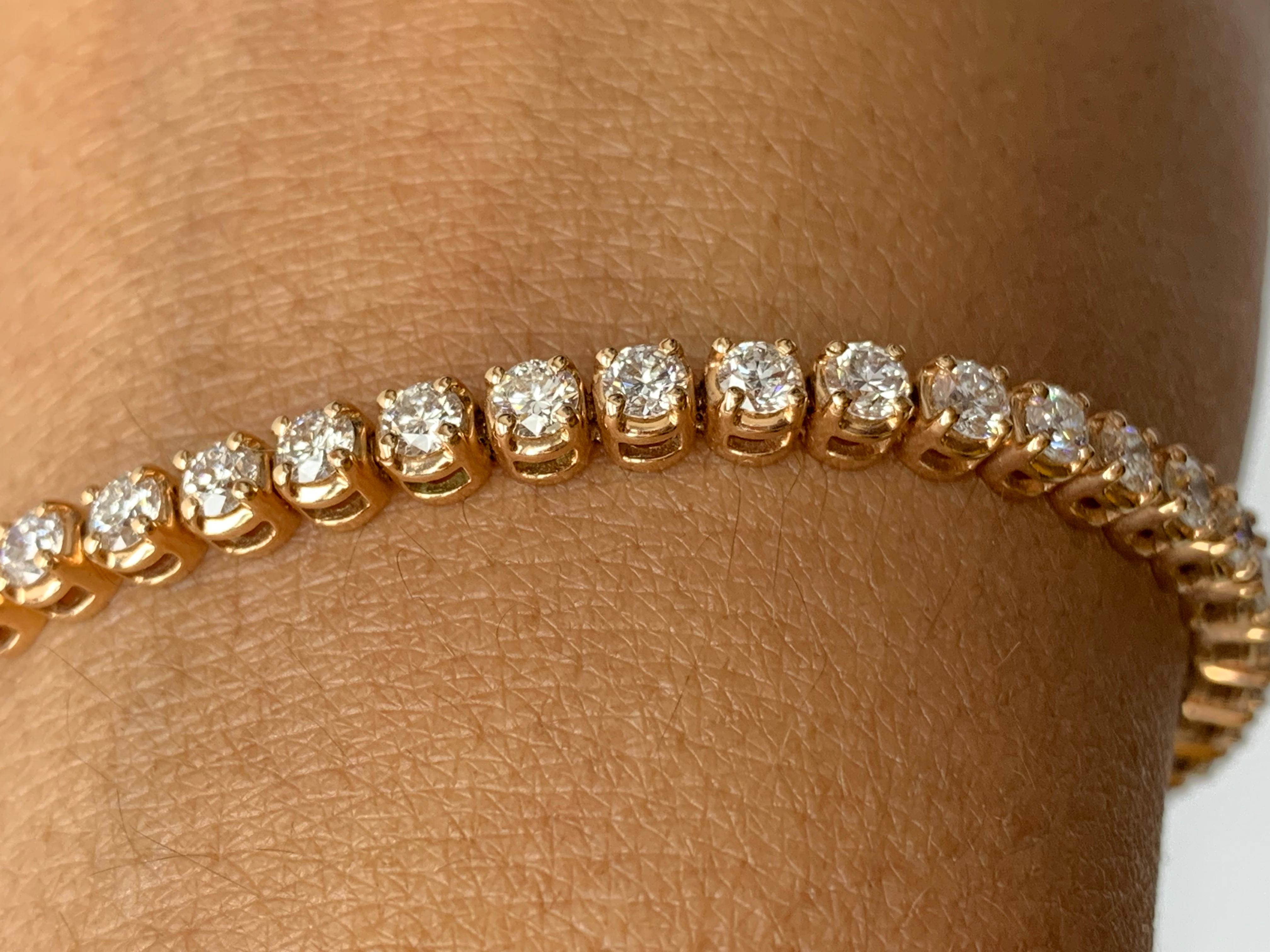 3.02 Carat Brilliant Cut Round Diamond Tennis Bracelet in 14K Rose Gold For Sale 9