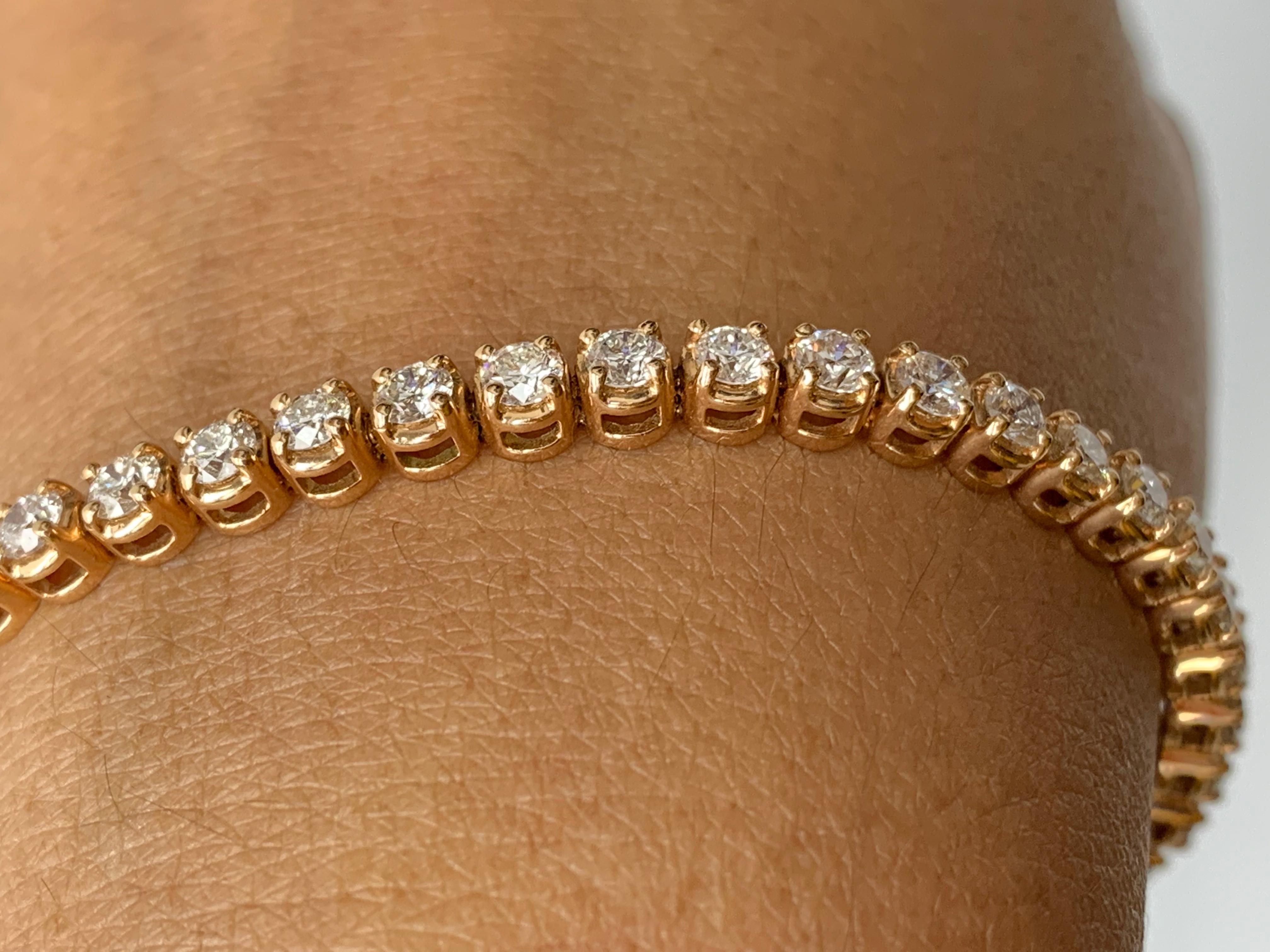 3.02 Carat Brilliant Cut Round Diamond Tennis Bracelet in 14K Rose Gold For Sale 10