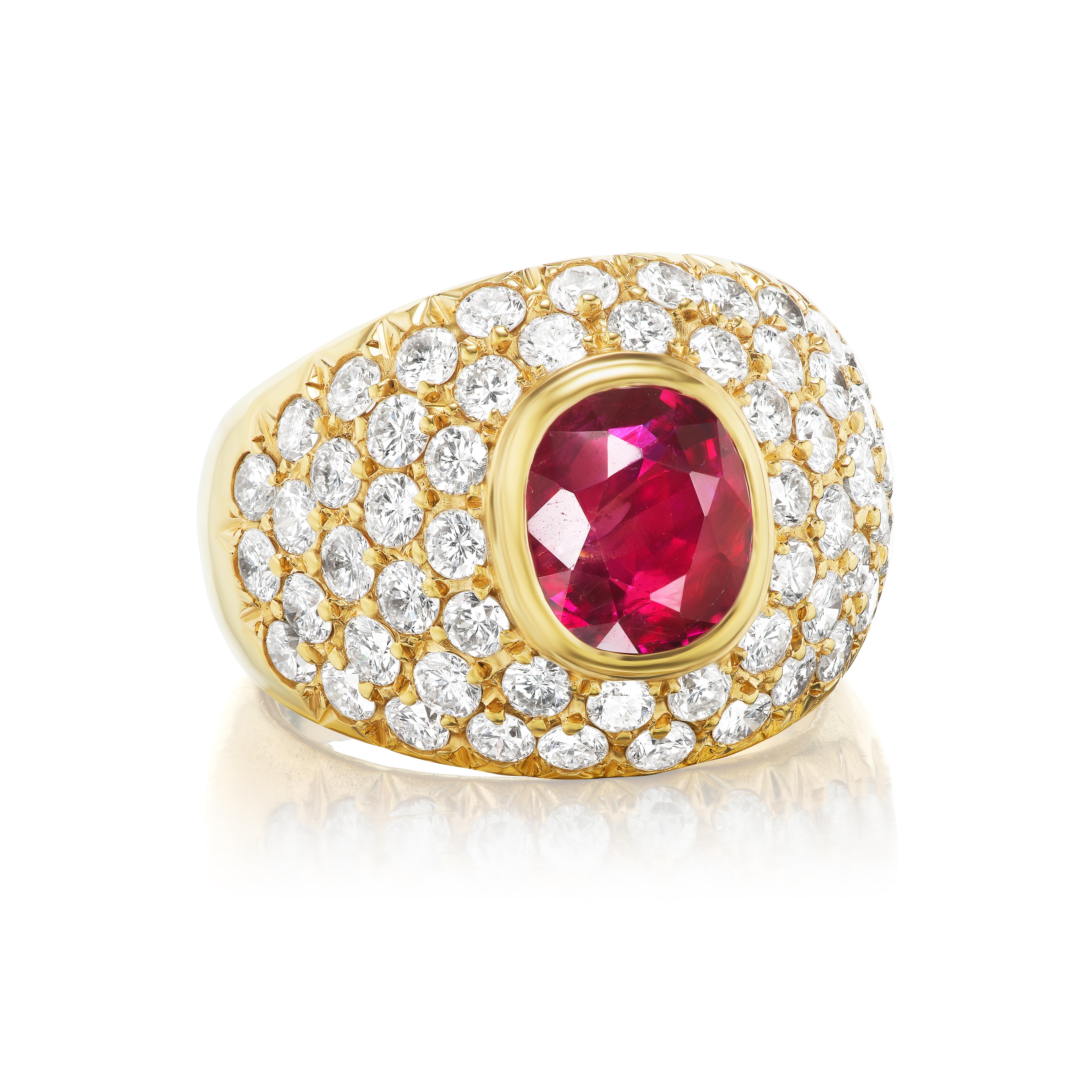 Oval Cut 3.02 Carat Burma Ruby Diamond and 18 Karat Gold Dome Ring For Sale