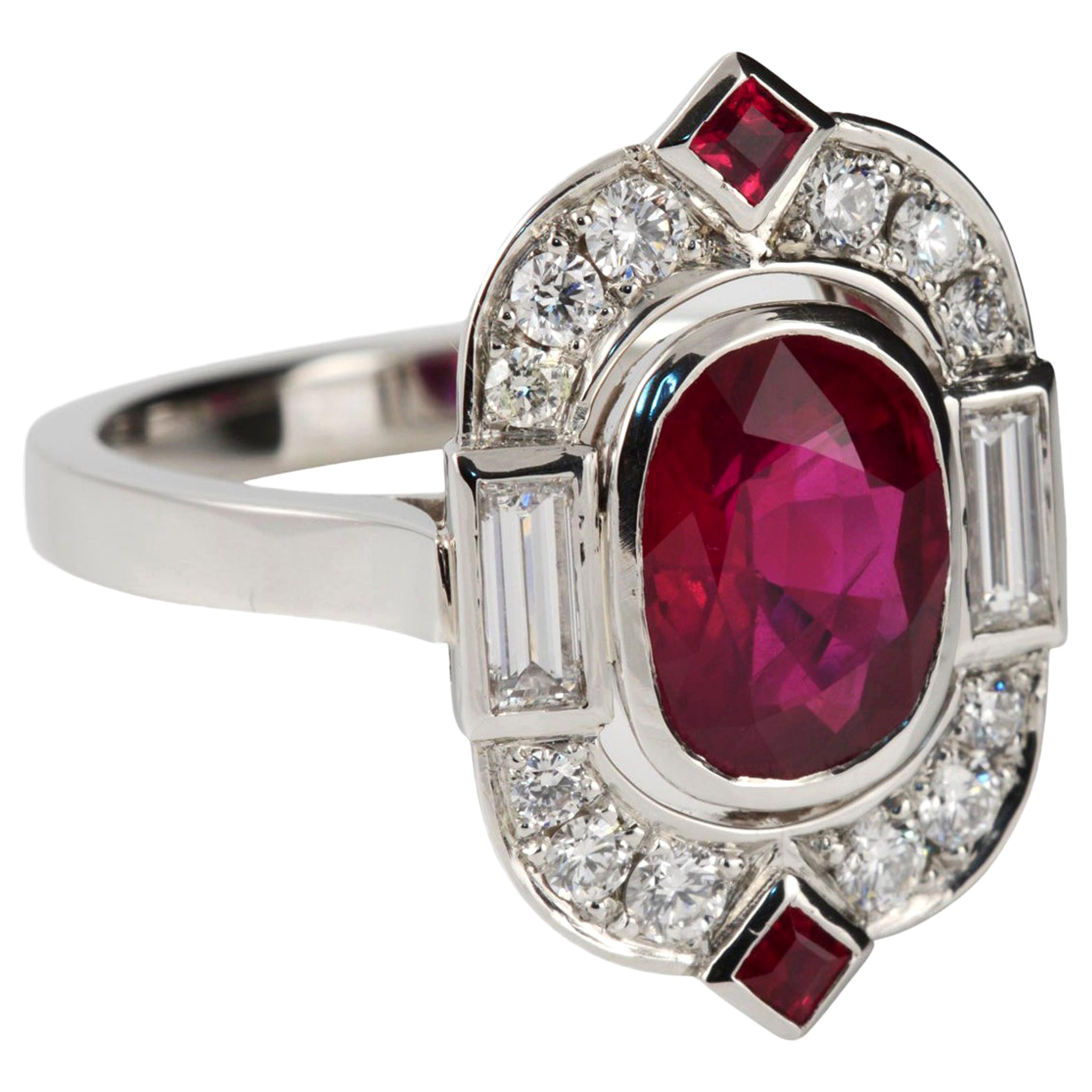3.02 Carat Burmese Ruby and Diamond Art Deco Tablet Ring in 18 Karat White Gold For Sale