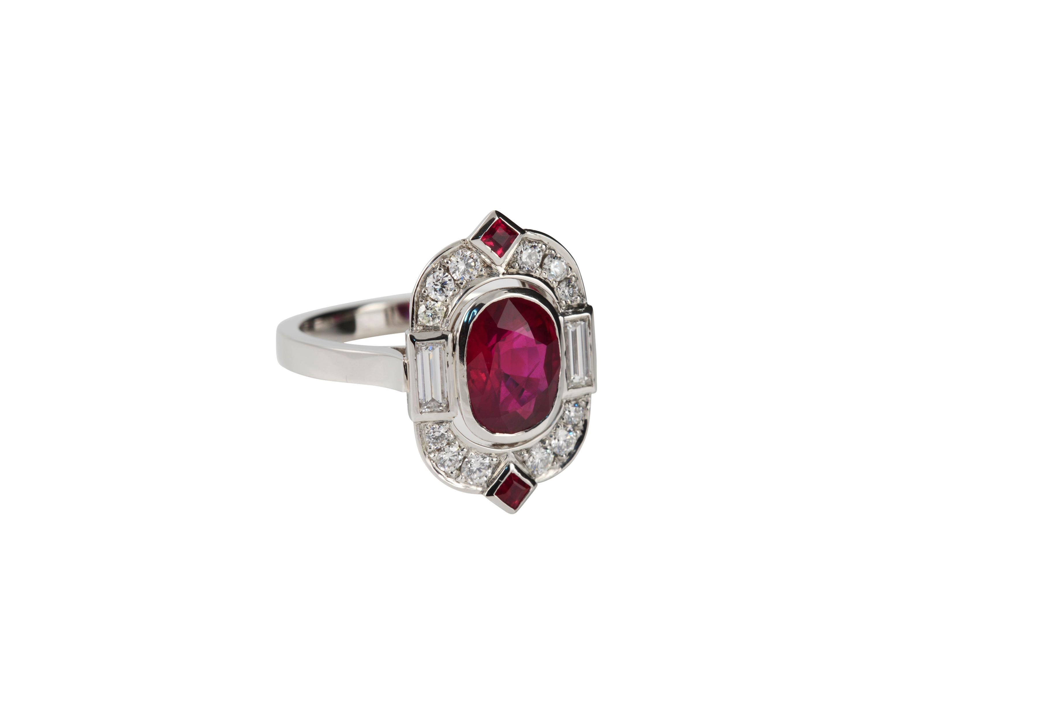 Nicky Burles has long been inspired by Art Deco fine jewellery, this beautiful, handmade, 18 karat white gold tablet ring pays homage to this classic period. A rare, natural Burmese ruby of 3.02 carats sits sparkling in the centre of the table. The
