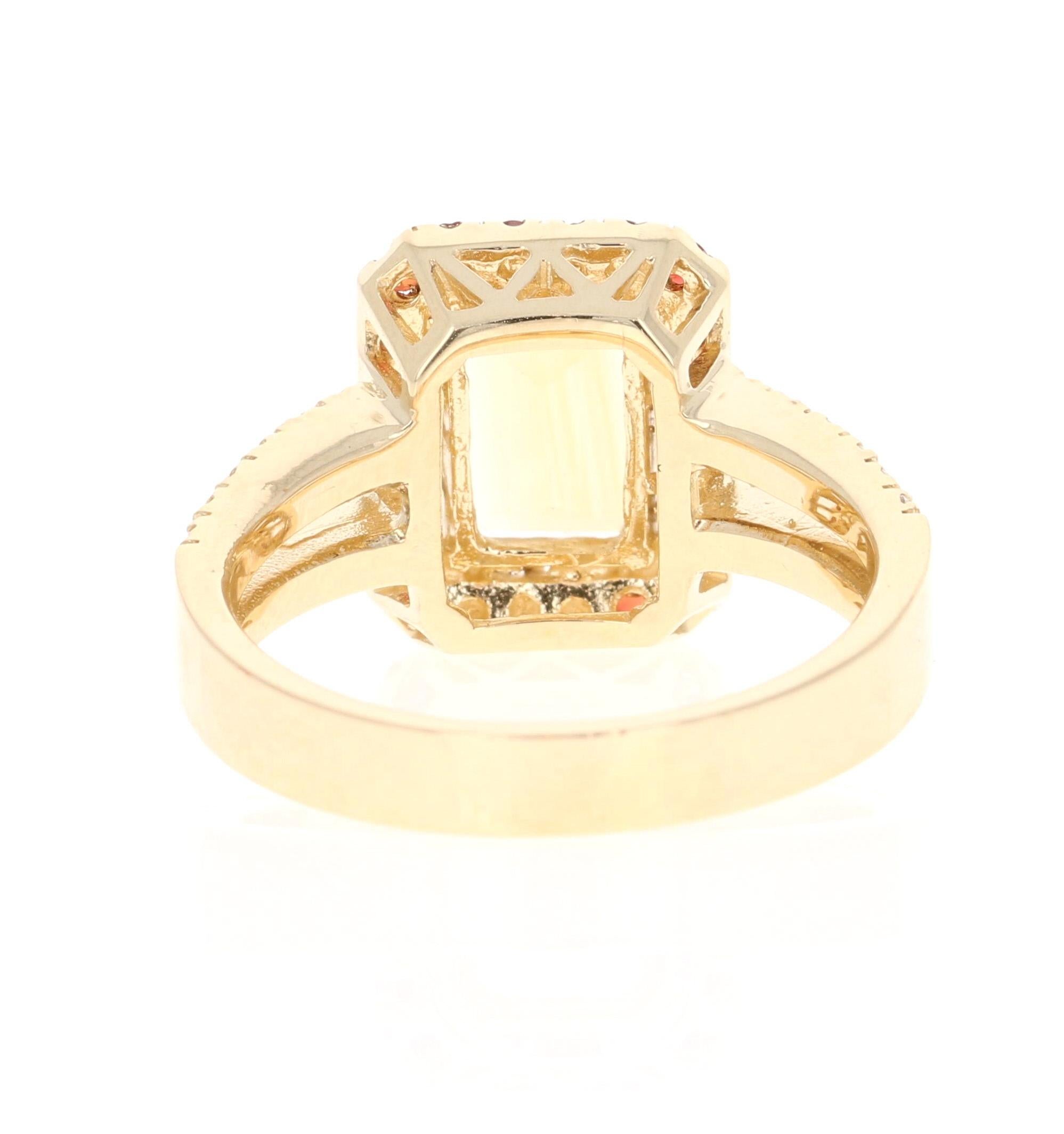 Emerald Cut 3.02 Carat Citrine Sapphire Diamond 14 Karat Yellow Gold Ring For Sale