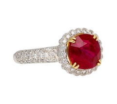 3.02 Carat Cushion Cut Burma Ruby & Round Diamond Ring in Platinum & 18K Gold