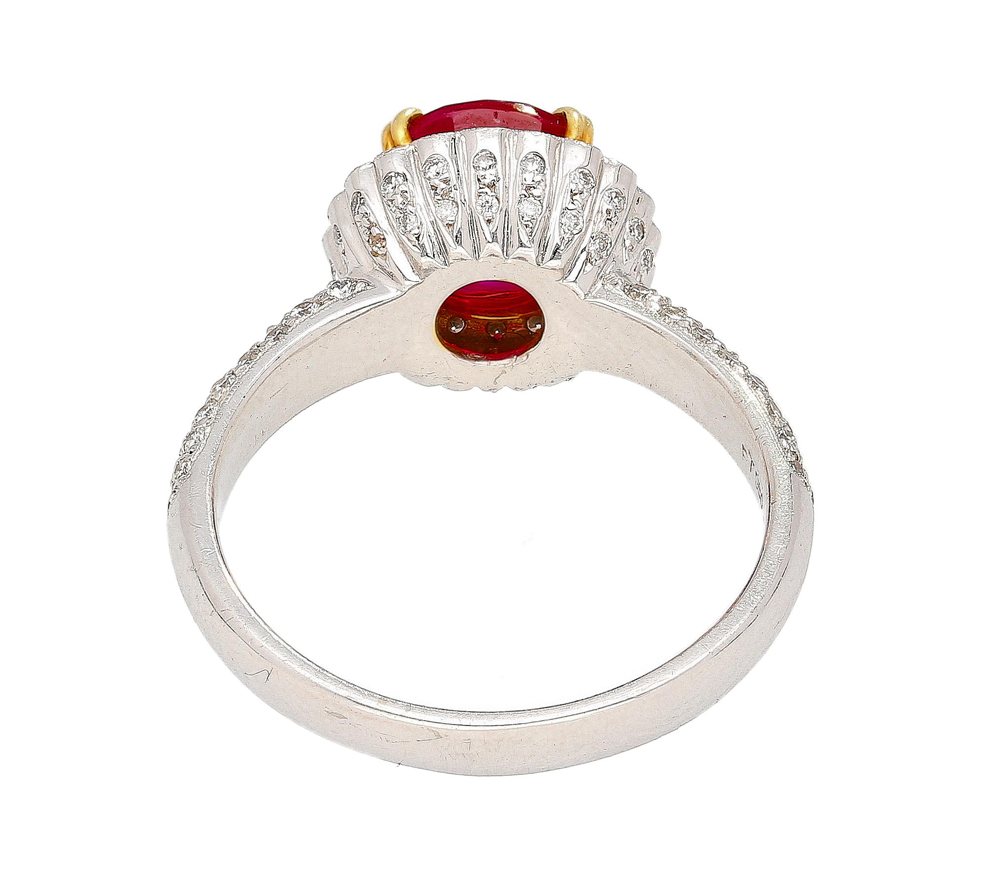 Modern 3.02 Carat Cushion Cut Burma Ruby & Round Diamond Ring in Platinum & 18K Gold For Sale