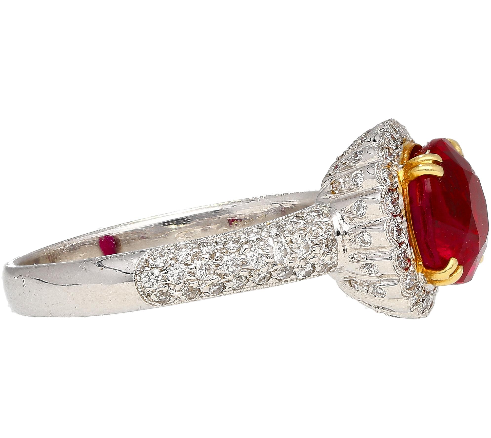 3.02 Carat Cushion Cut Burma Ruby & Round Diamond Ring in Platinum & 18K Gold In New Condition For Sale In Miami, FL
