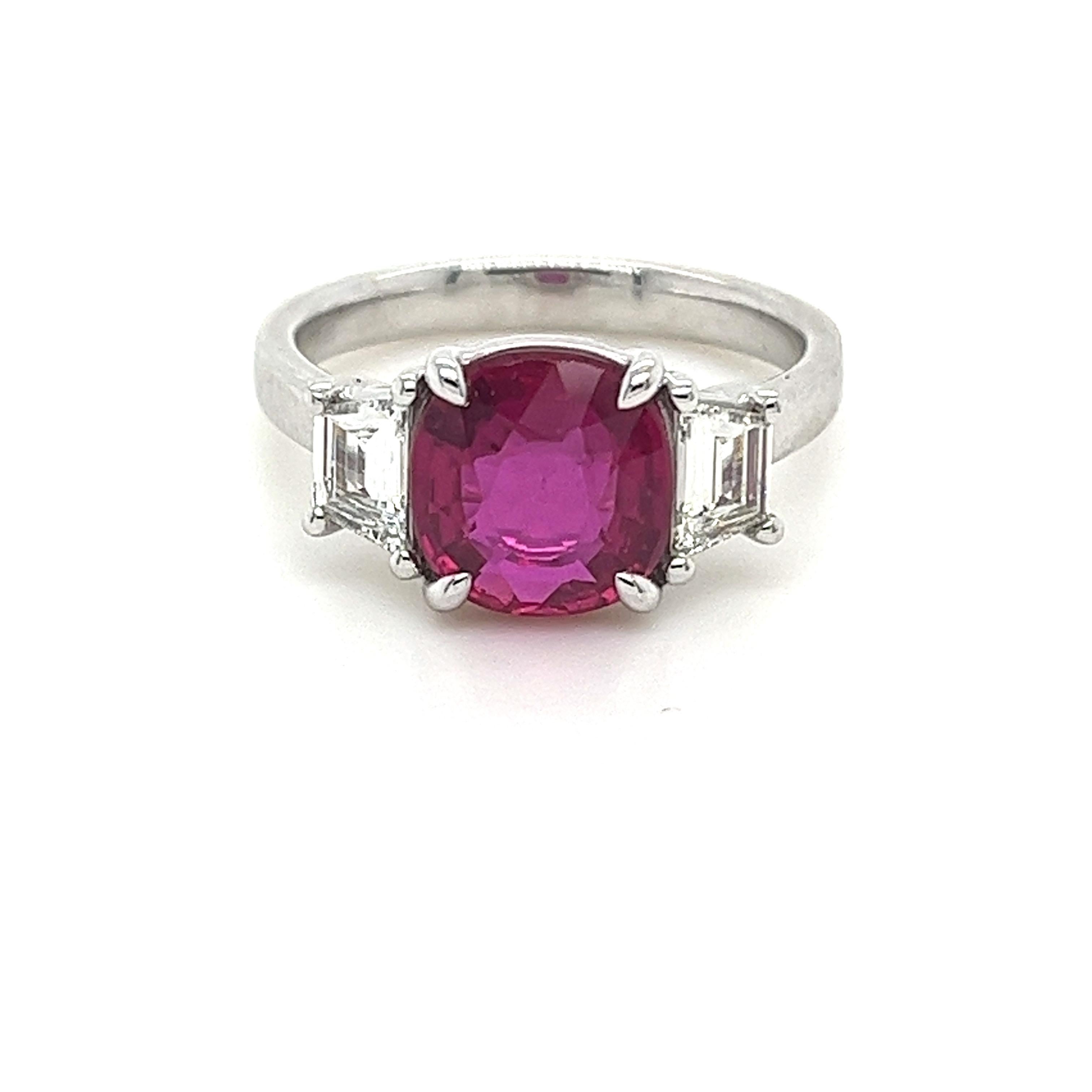 3.02 Carat Cushion Mozambique Ruby & Diamond Three Stone Ring in Platinum In New Condition In Great Neck, NY