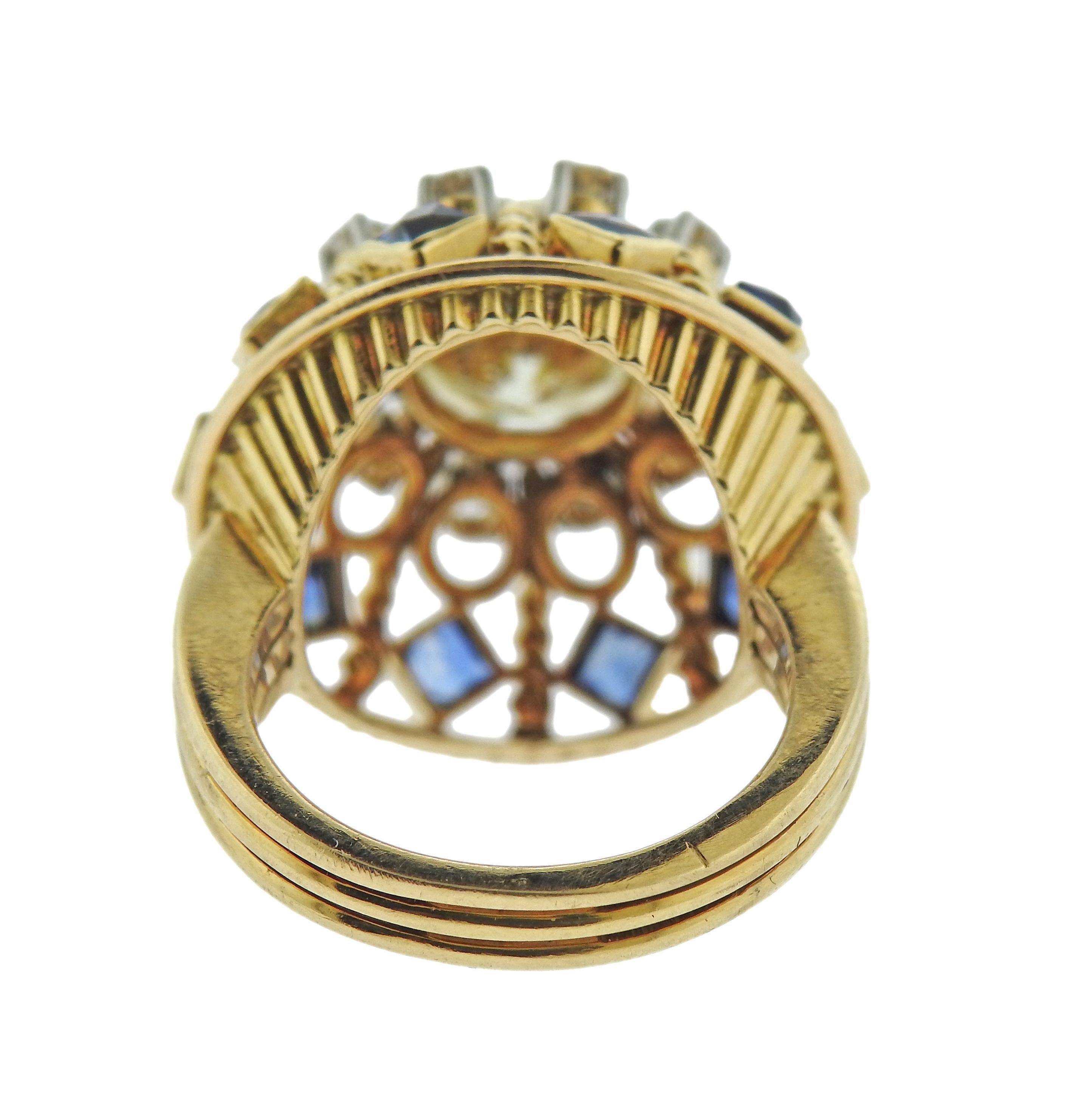 Round Cut 3.02 Carat Diamond Sapphire Gold Ring For Sale