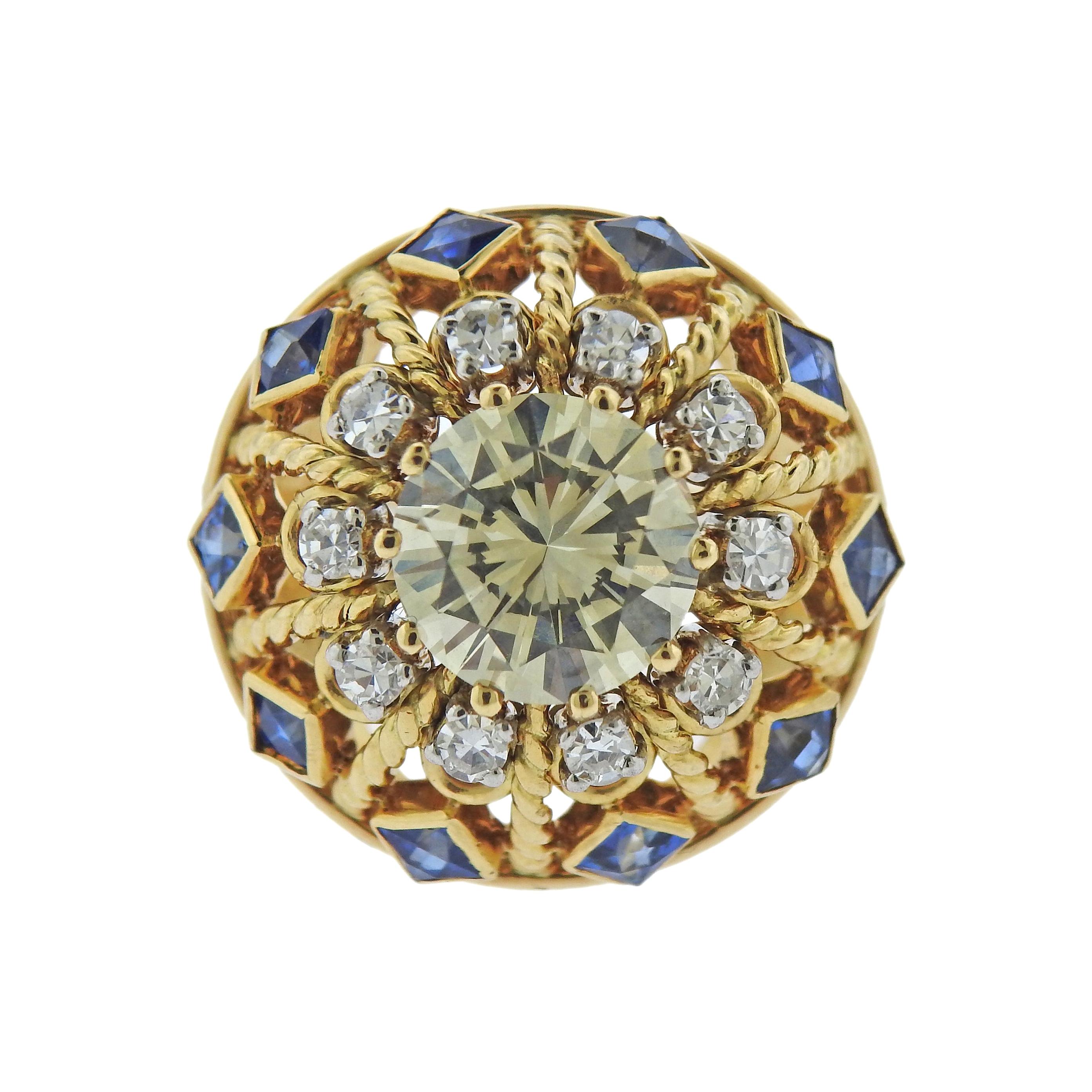 3.02 Carat Diamond Sapphire Gold Ring For Sale