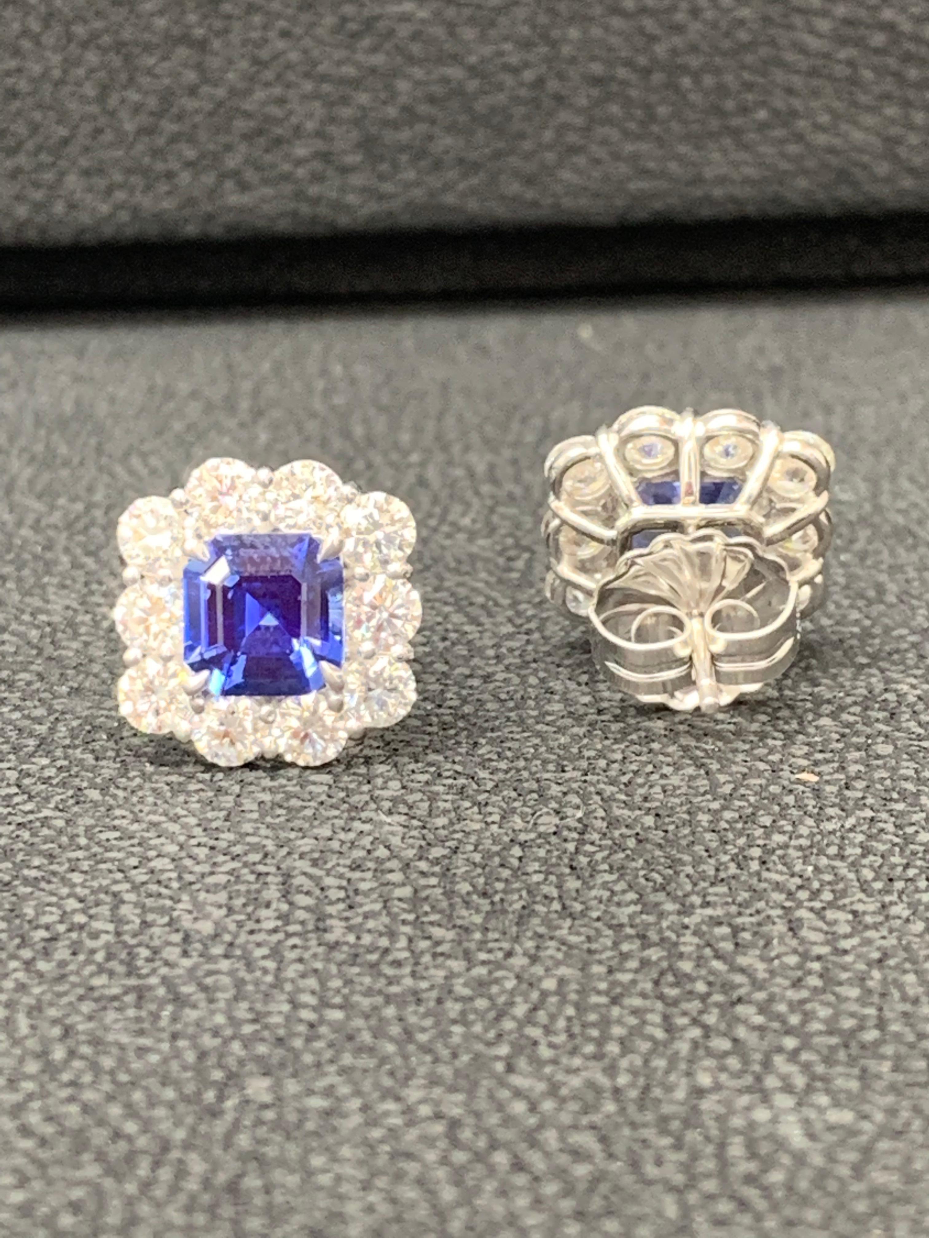 Modern 3.02 Carat Emerald Cut Blue Sapphire and Diamond Stud Earrings in 18K White Gold For Sale