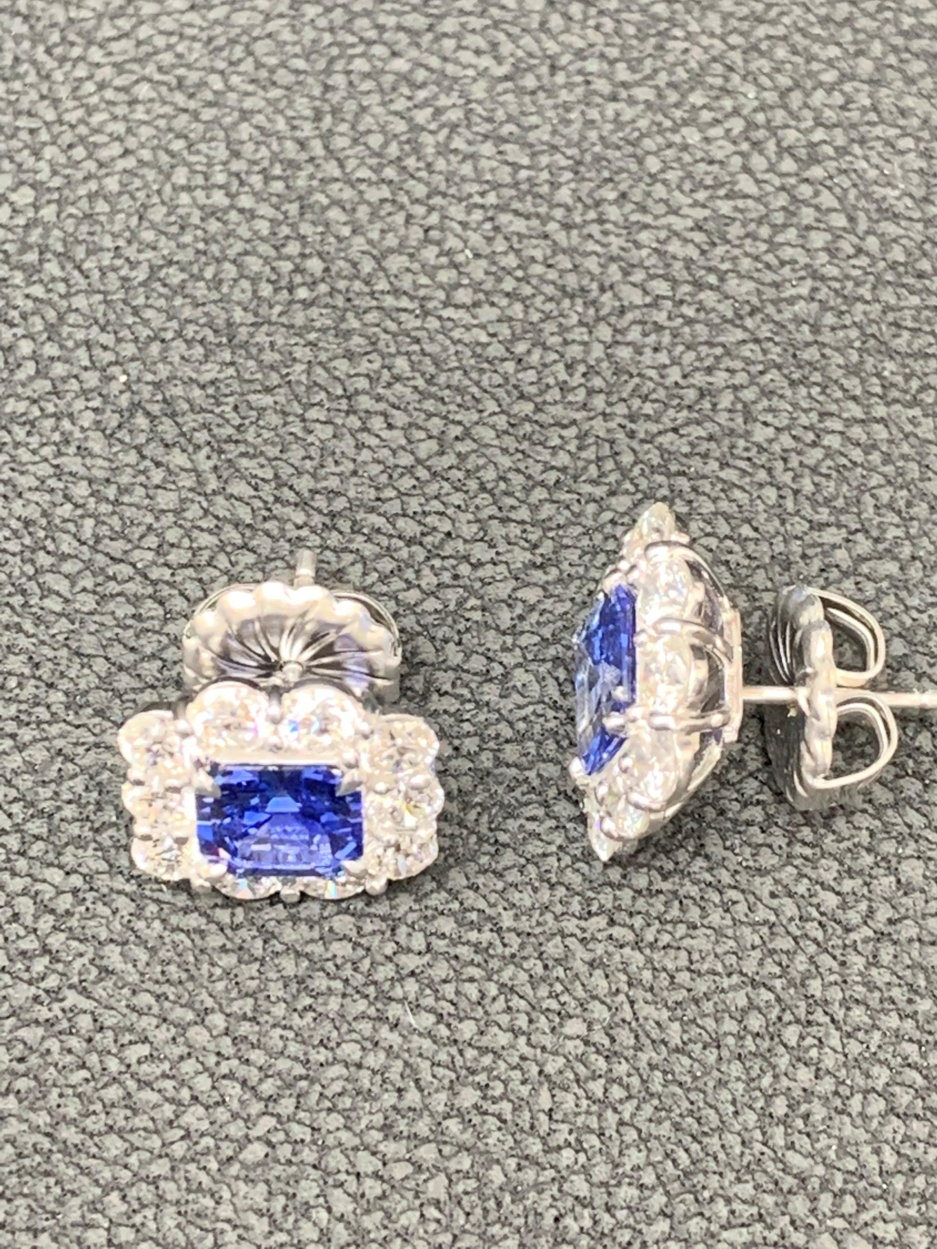 3.02 Carat Emerald Cut Blue Sapphire and Diamond Stud Earrings in 18K White Gold In New Condition For Sale In NEW YORK, NY