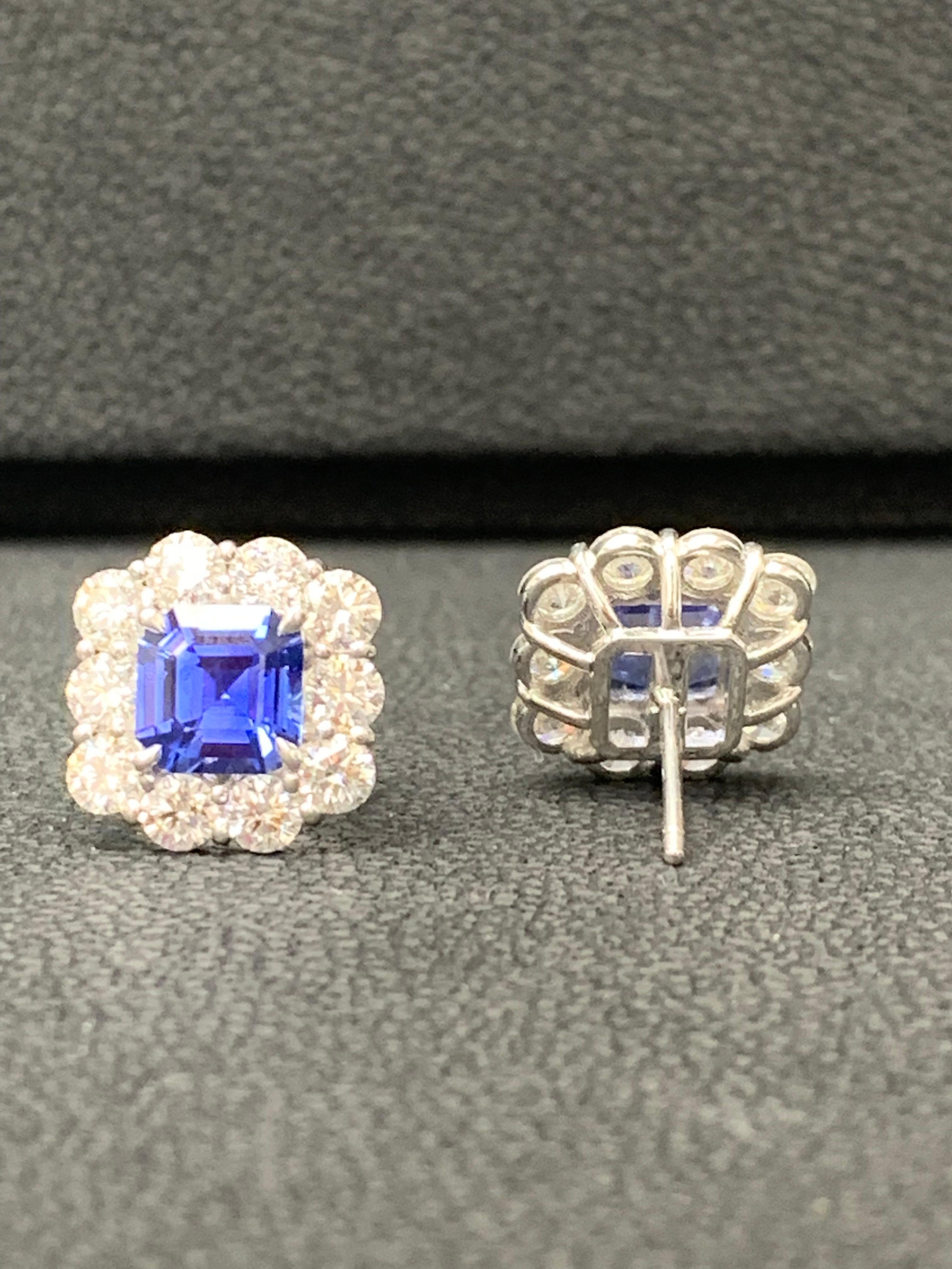 Men's 3.02 Carat Emerald Cut Blue Sapphire and Diamond Stud Earrings in 18K White Gold For Sale