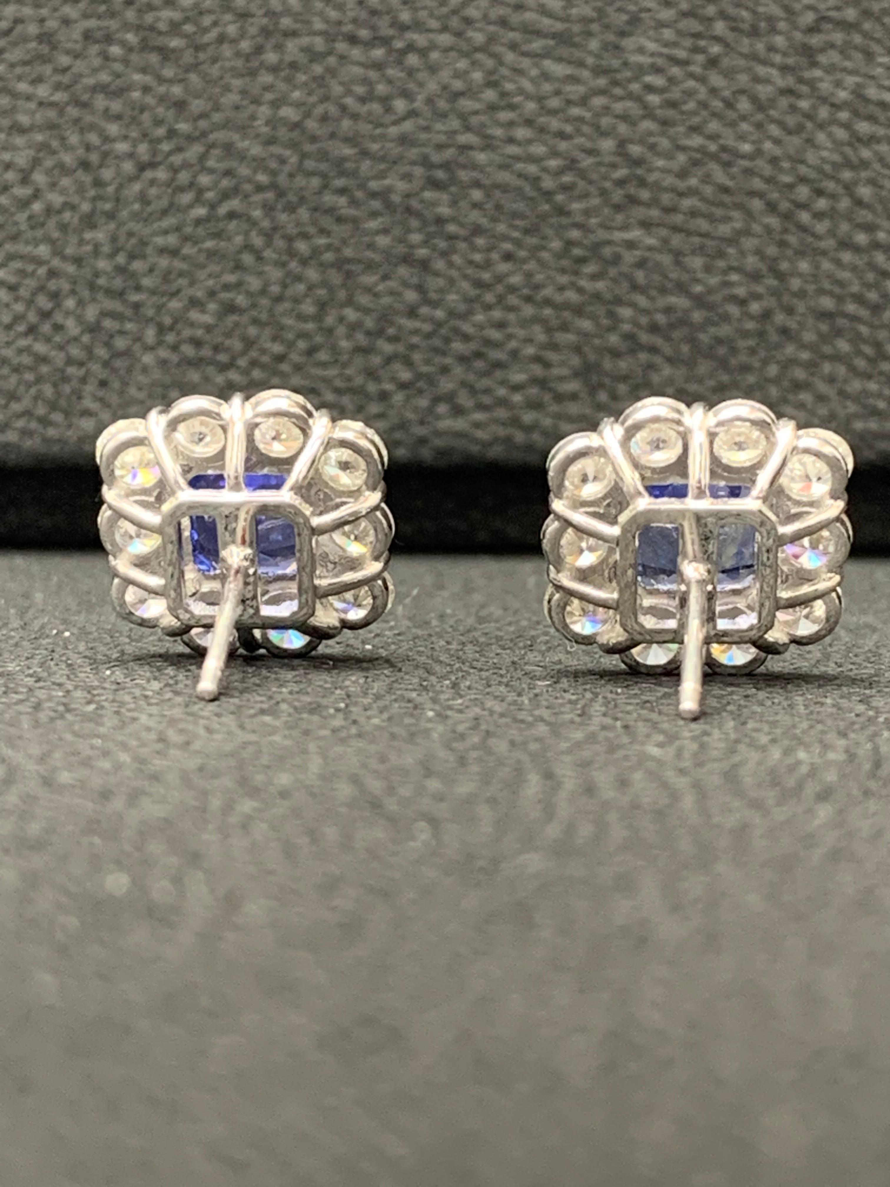 3.02 Carat Emerald Cut Blue Sapphire and Diamond Stud Earrings in 18K White Gold For Sale 3
