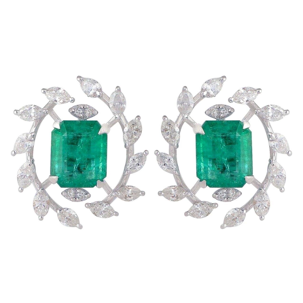 3.02 Carat Emerald Diamond 14 Karat Gold Stud Leaf Earrings For Sale