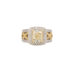 Natural Fancy Yellow Cushion Cut Diamond Engagement Ring 18 Karat In Stock
