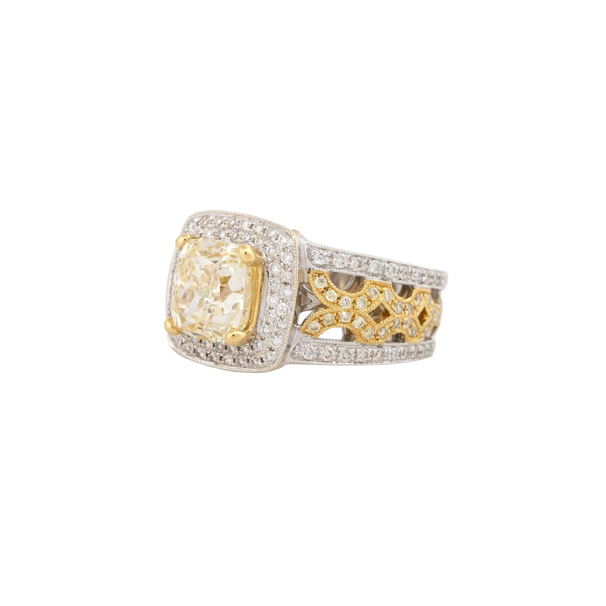 Modern 3.02 Carat Fancy Yellow Cushion Cut Diamond Engagement Ring 18 Karat In Stock For Sale