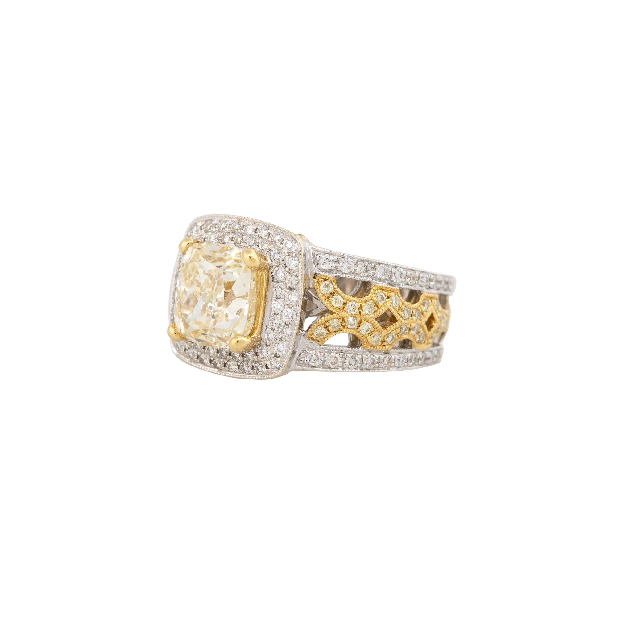 Modern Natural Fancy Yellow Cushion Cut Diamond Engagement Ring 18 Karat In Stock For Sale