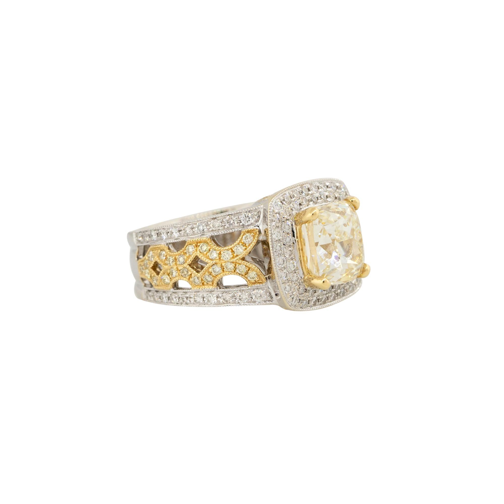 Women's 3.02 Carat Fancy Yellow Cushion Cut Diamond Engagement Ring 18 Karat In Stock For Sale