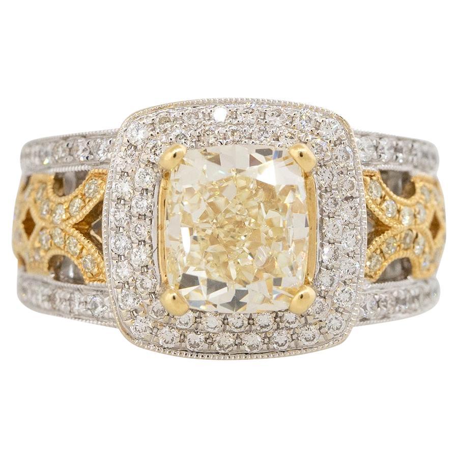 Natürlicher Fancy Gelber Diamant-Verlobungsring aus 18 Karat mit Kissenschliff, auf Lager