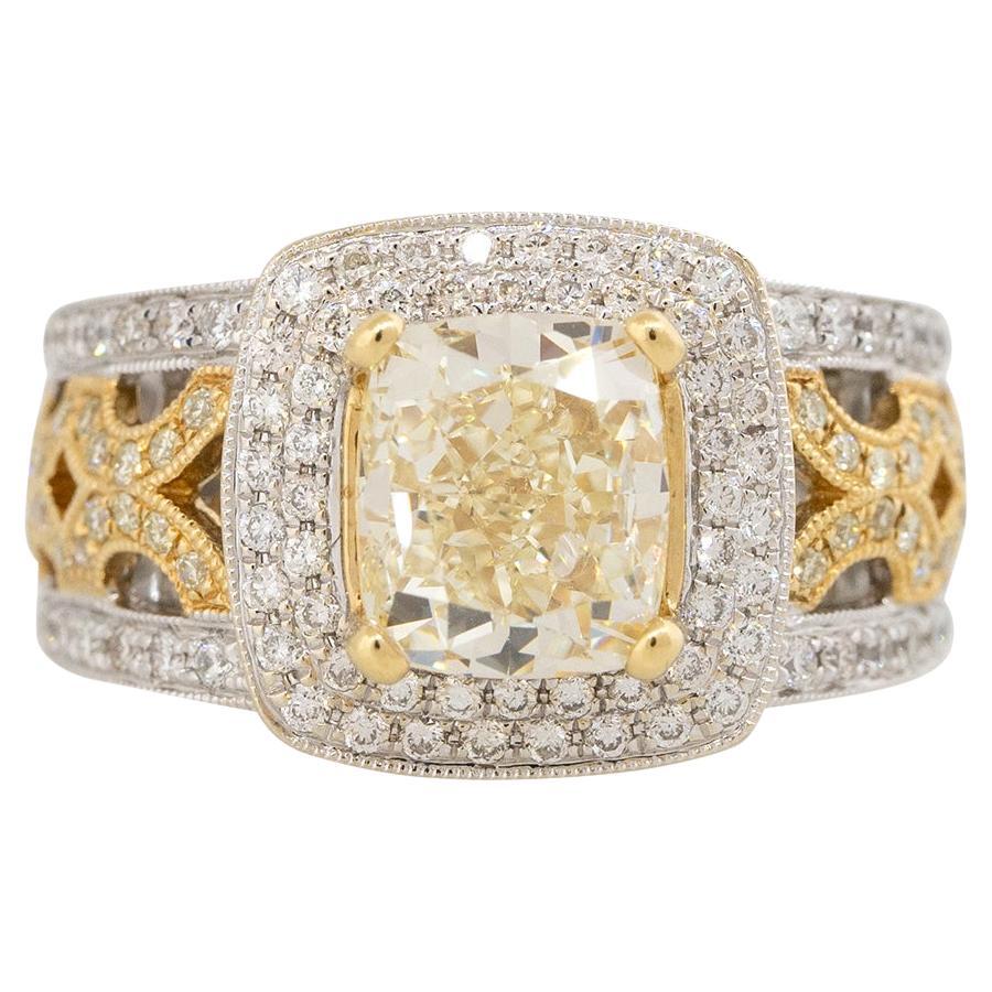 3.02 Carat Fancy Yellow Cushion Cut Diamond Engagement Ring 18 Karat In Stock For Sale