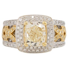3.02 Carat Fancy Yellow Cushion Cut Diamond Engagement Ring 18 Karat In Stock
