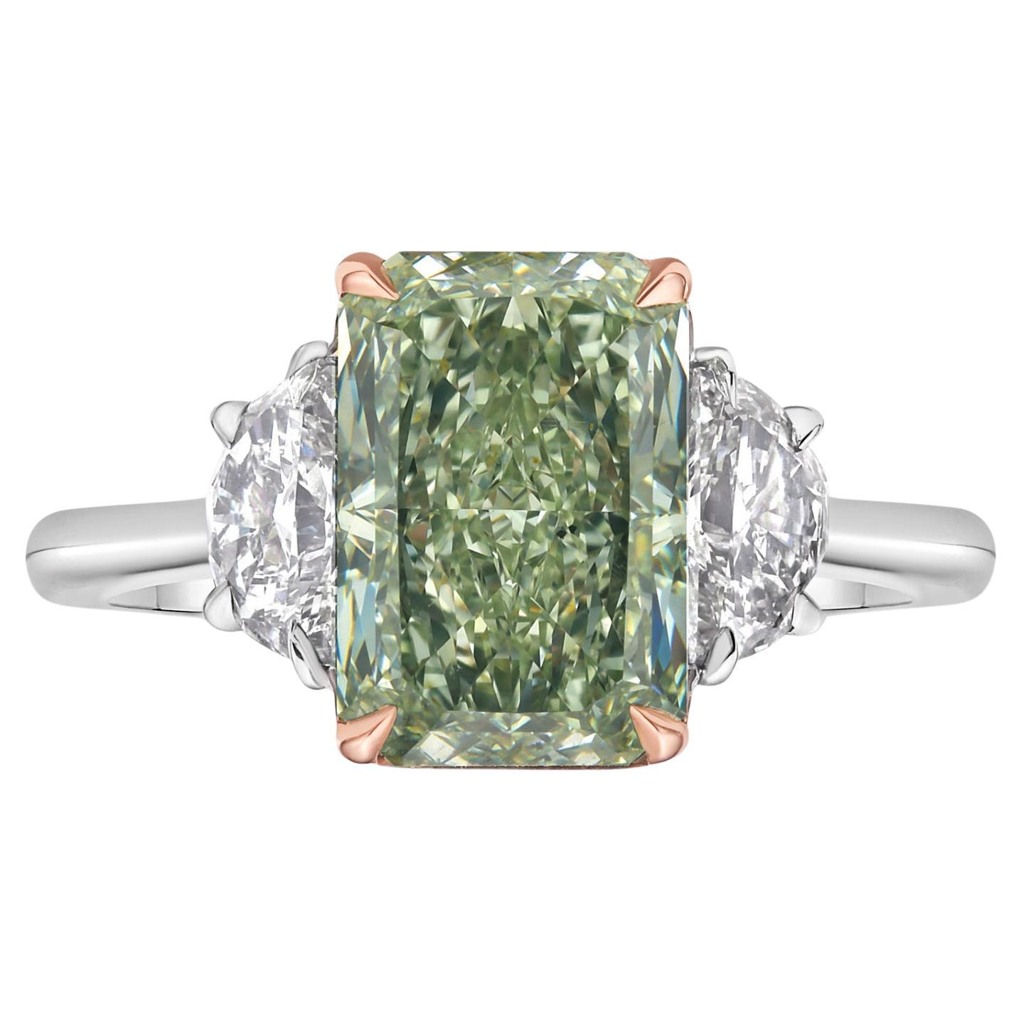Bague de fiançailles à diamant radiant allongé de 3,02 carats de couleur jaune-vert fantaisie