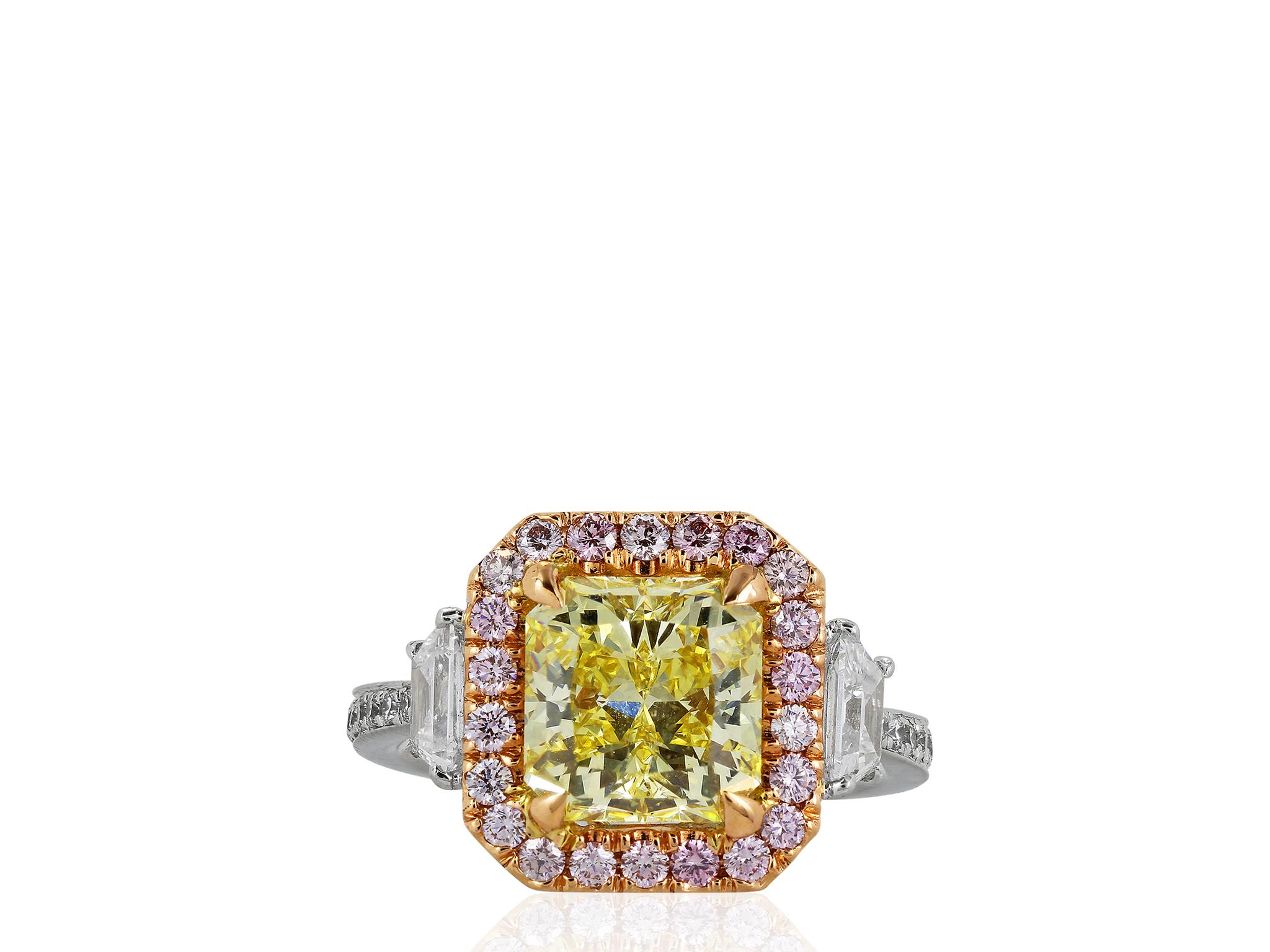 Contemporary 3.02 Carat GIA Certified Fancy Intense Yellow and Pink Diamond Engagement Ring For Sale