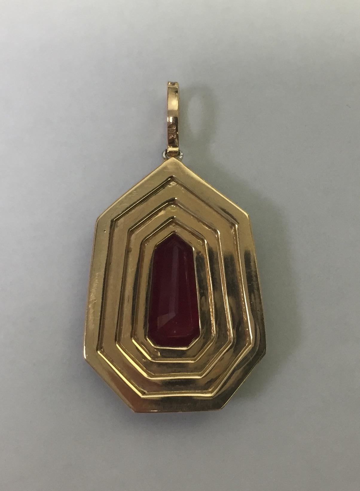 Baguette Cut 3.02 Carat Kite Shape Ruby, Diamond and Garnet Rose Gold Pendant with GIA Report