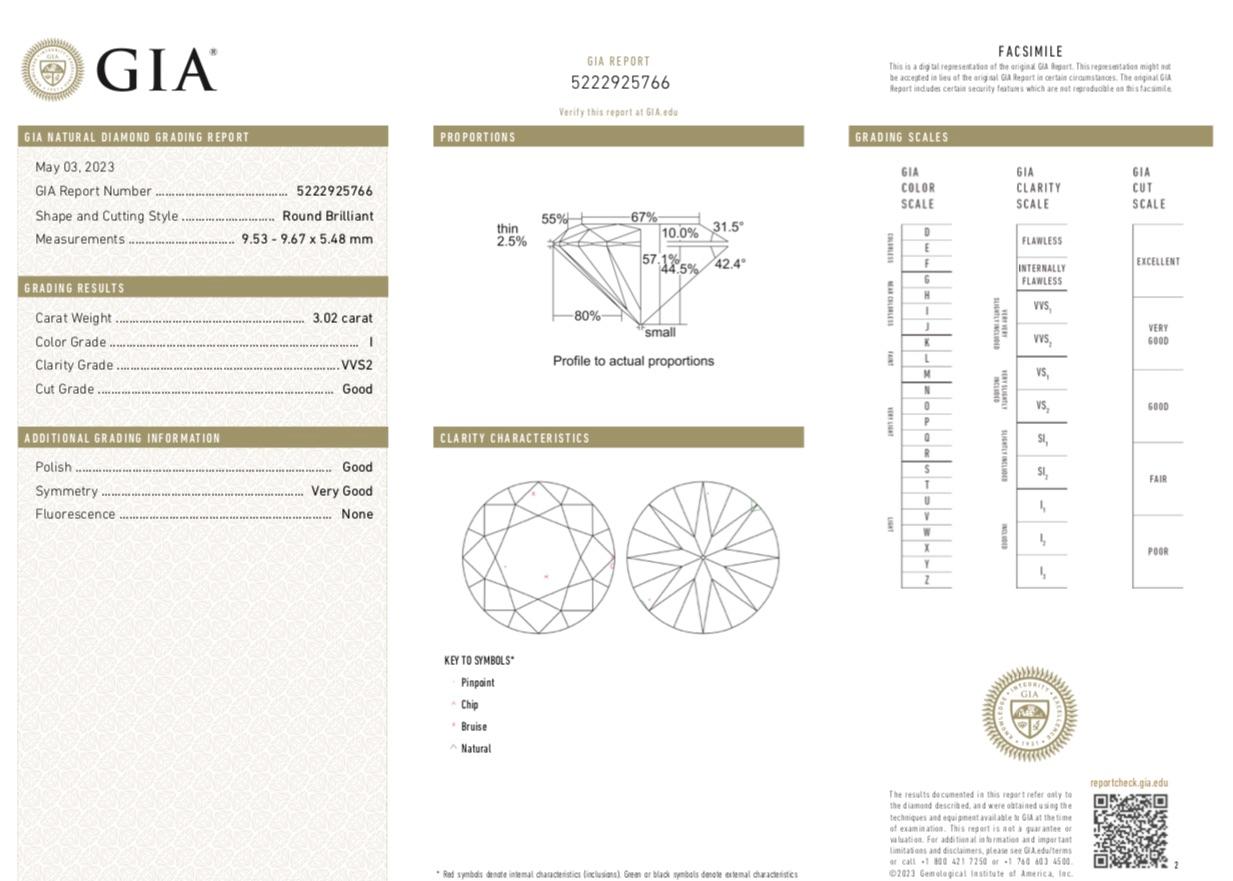 Solitär-Ring 3,02 Karat runder natürlicher Diamant GIA I Farbe VVS2 Reinheit (Zeitgenössisch) im Angebot