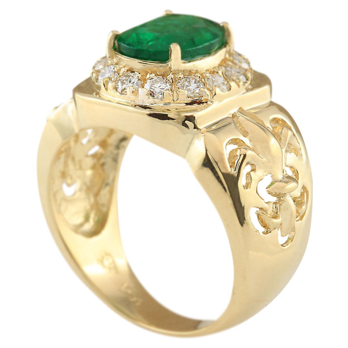 Oval Cut Men Emerald Diamond Ring In 14 Karat Yellow Gold  For Sale