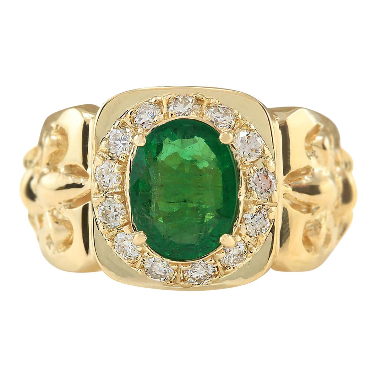 Men Emerald Diamond Ring In 14 Karat Yellow Gold  For Sale