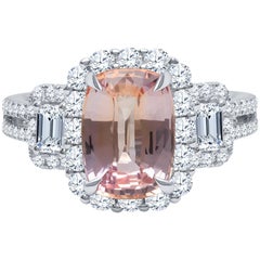 3.02 Carat Natural Padparadscha Sapphire Cushion Cut 
AGL
, 1.29 Ct Diamond Ring
