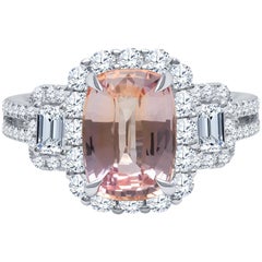 3.02 Carat Natural Padparadscha Sapphire Cushion Cut 'AGL', 1.29 Ct Diamond Ring