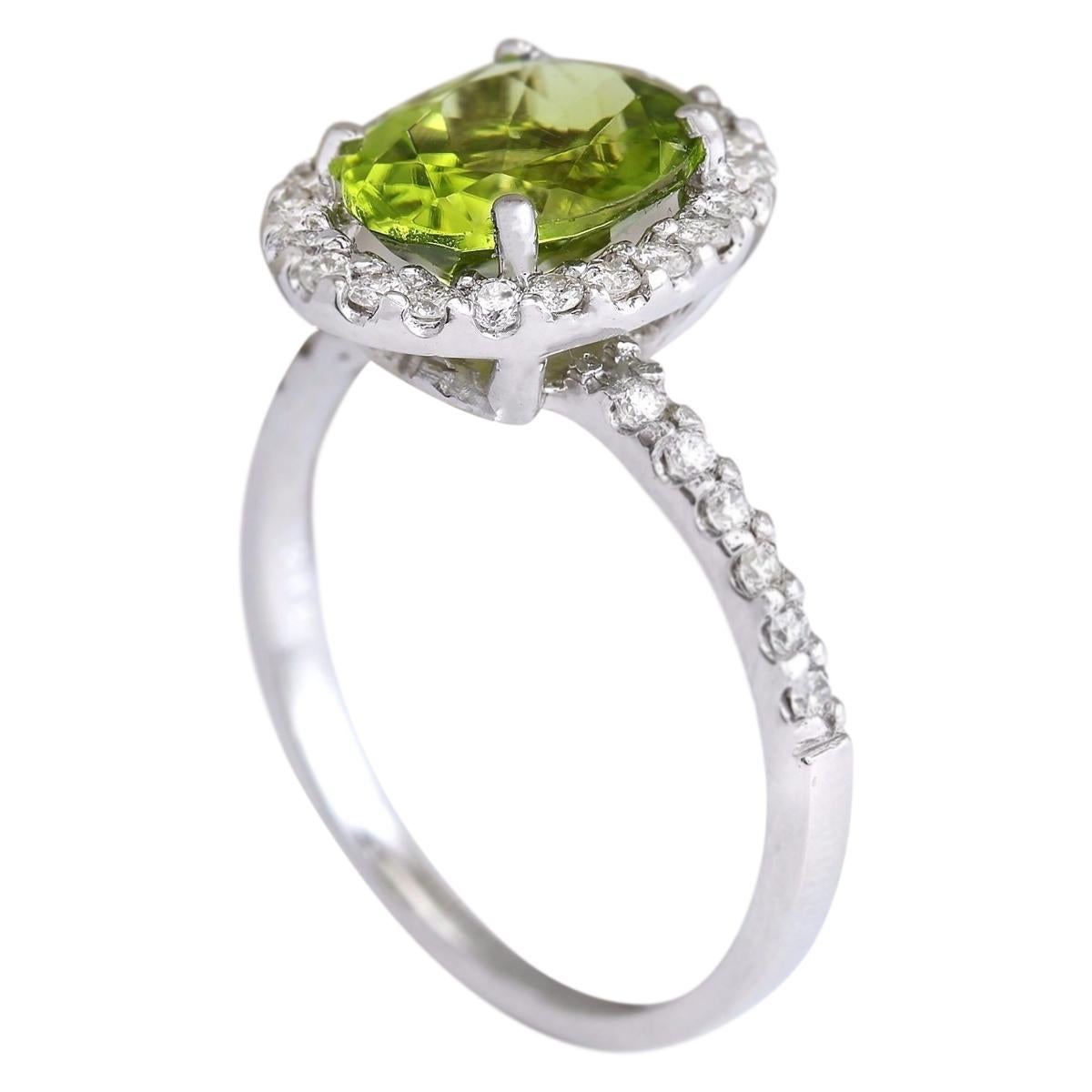 Oval Cut Natural Peridot Diamond Ring In 14 Karat White Gold  For Sale