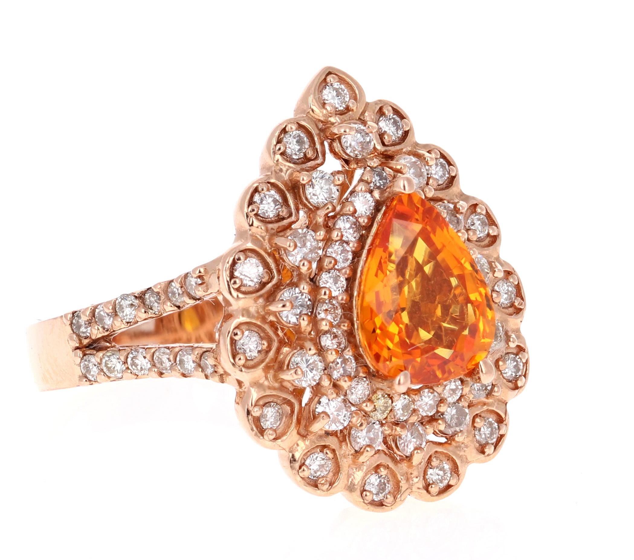 Contemporain Bague en or rose avec saphir orange de 3,02 carats et diamants en vente