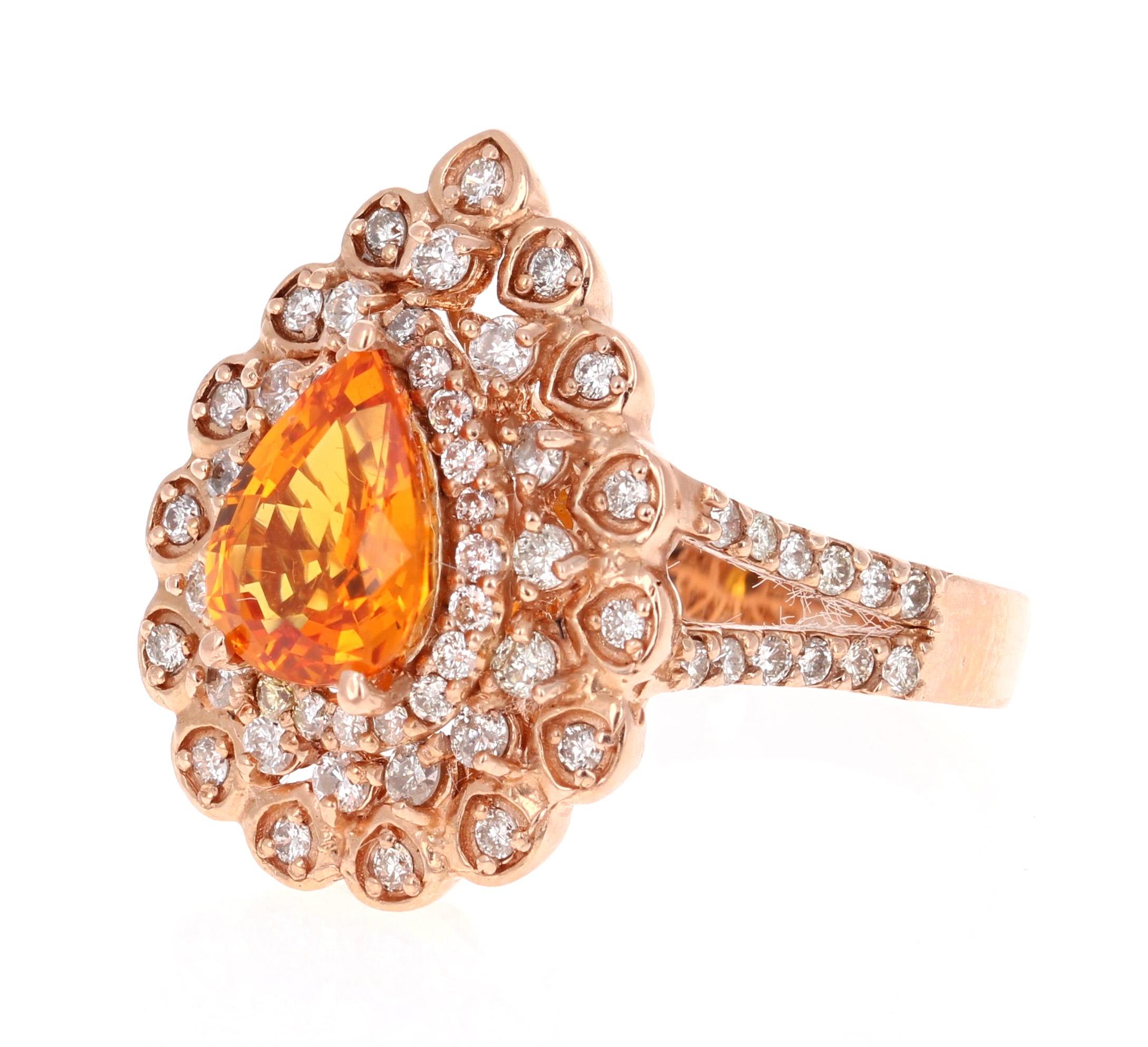 Pear Cut 3.02 Carat Orange Sapphire Diamond Rose Gold Ring For Sale