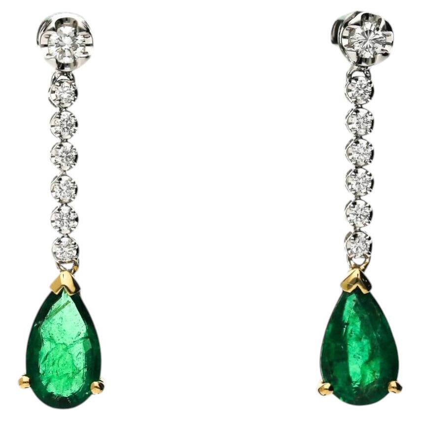 3.02 Carat Pear Vivid Green Emerald & Diamond 18K Gold Drop Earring