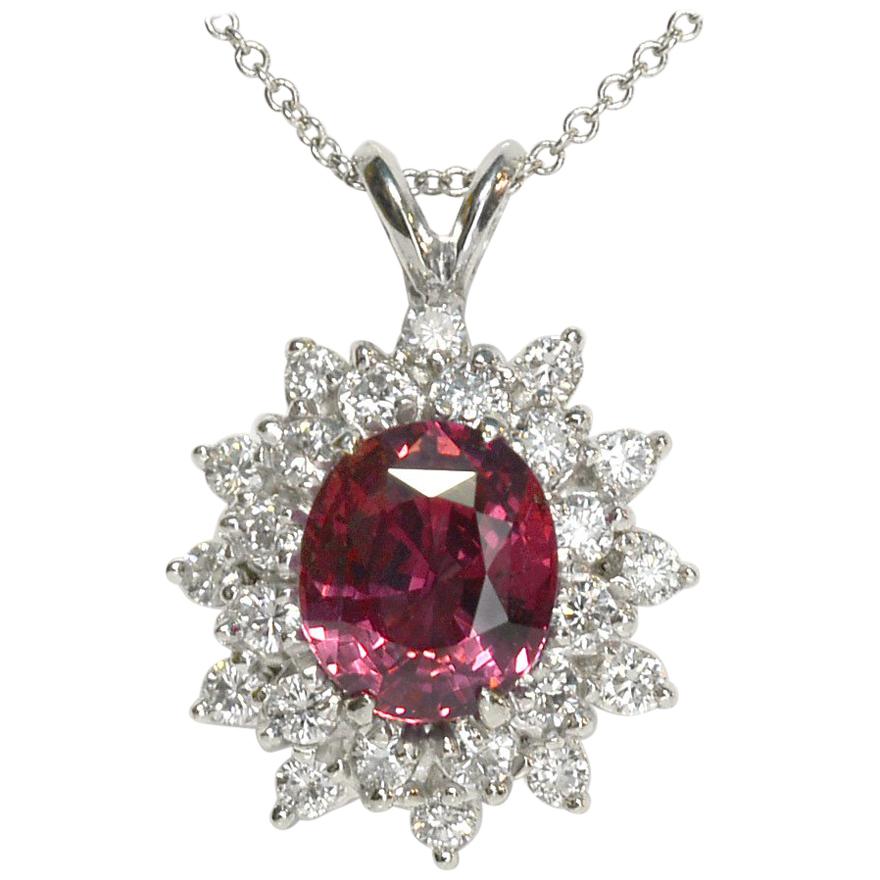 3.02 Carat Pink Sapphire Diamond Platinum White Gold Pendant Necklace Certified