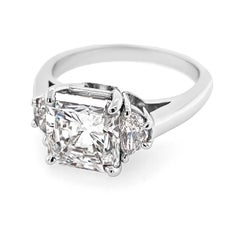 3.02 Carat Radiant Cut Diamond Platinum Ring with Half-Moon Side Diamonds