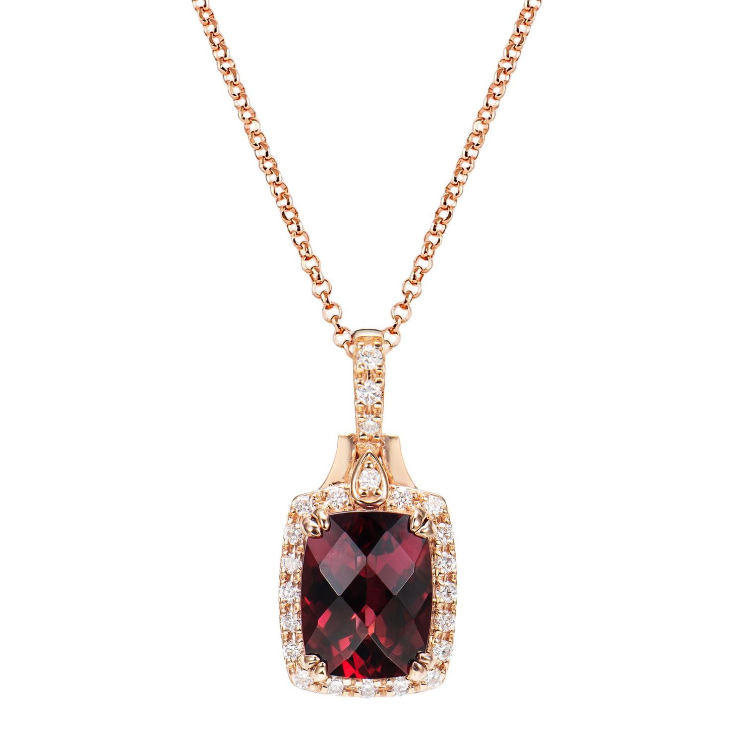 Taille coussin Pendentif en rhodolite de 3,02 carats en or rose 18 carats avec diamants. en vente