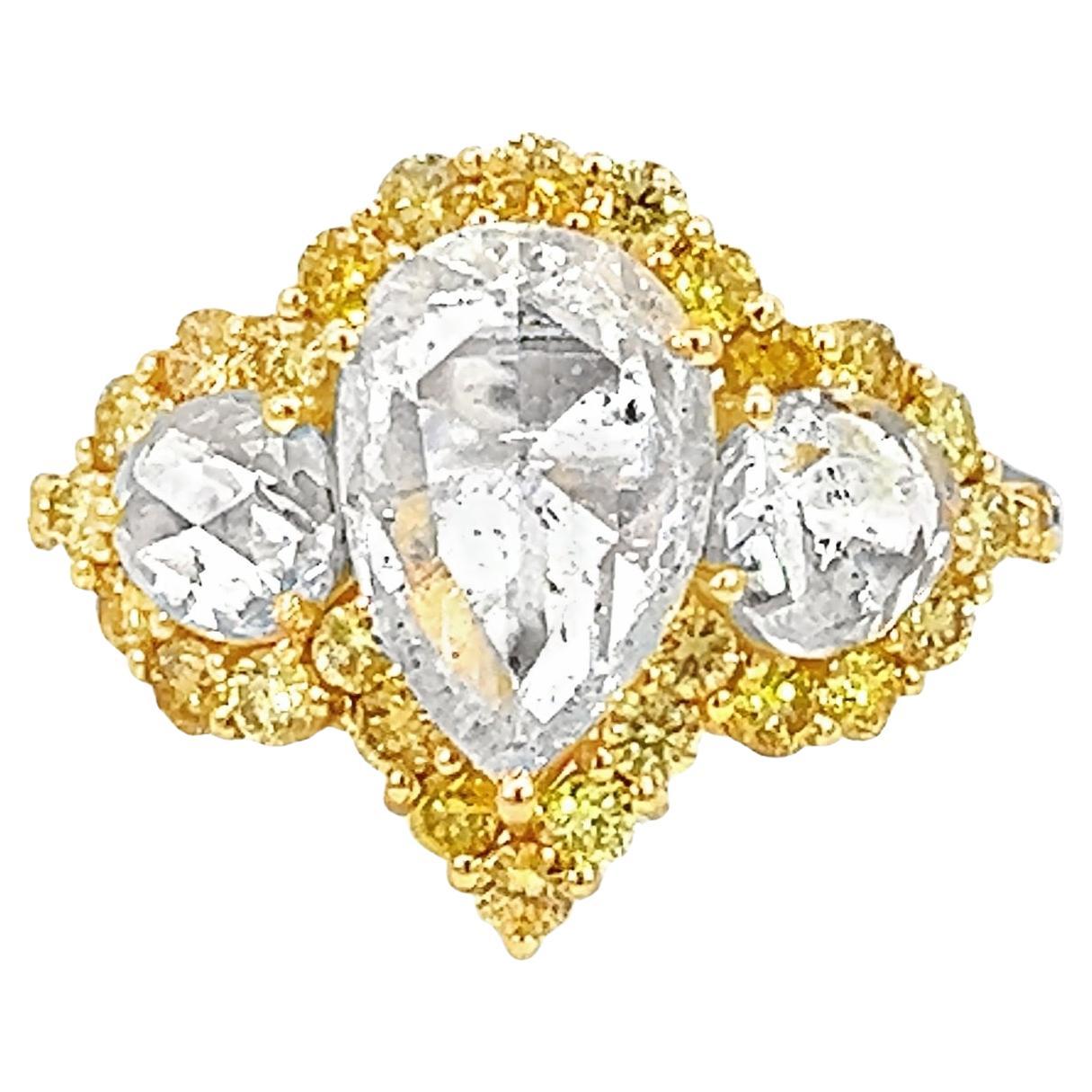 3.02 Carat Rose Cut Pear Shape Three- Stone Diamond Ring