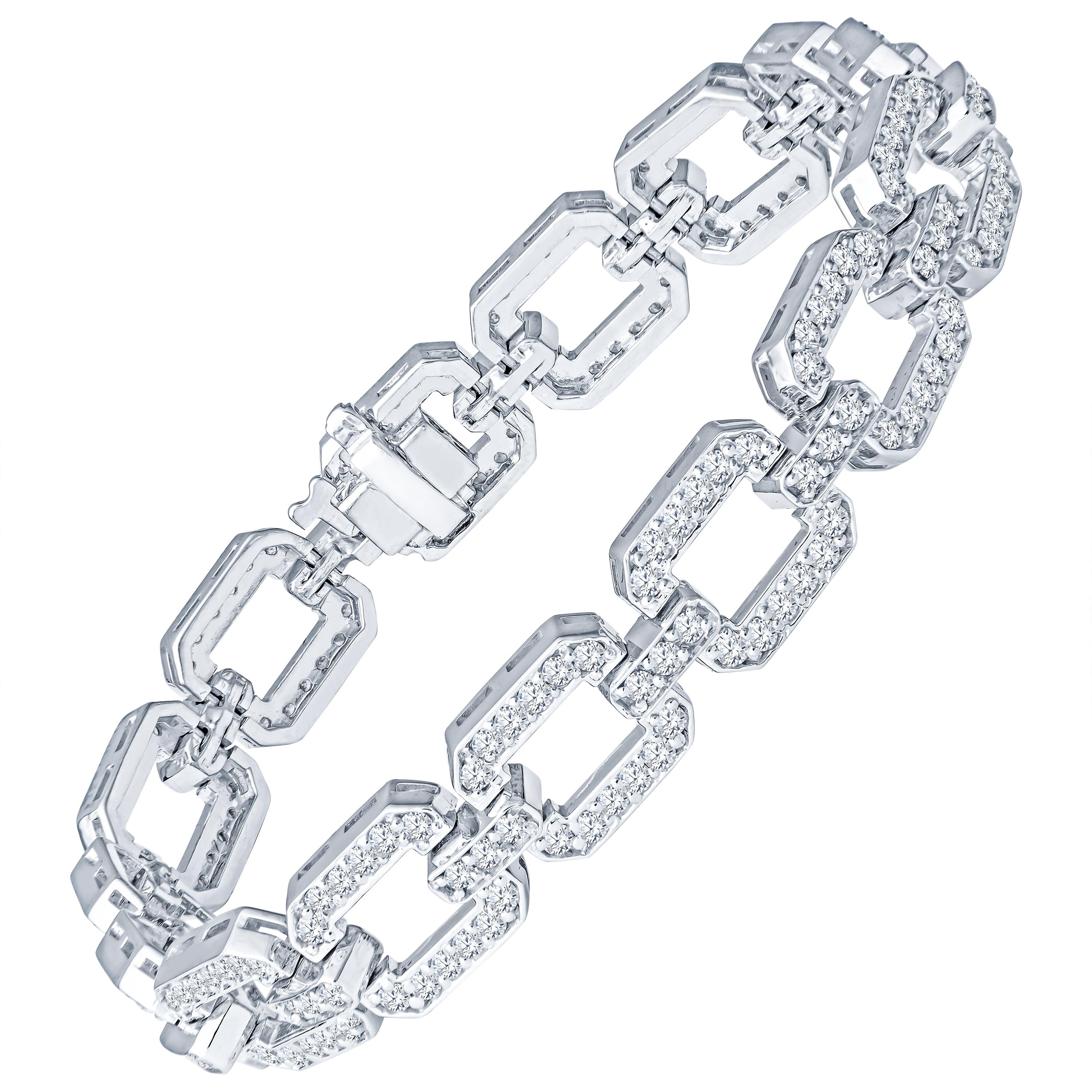 3.02 Carat Round Pave Diamond Link Bracelet in 14 Karat White Gold