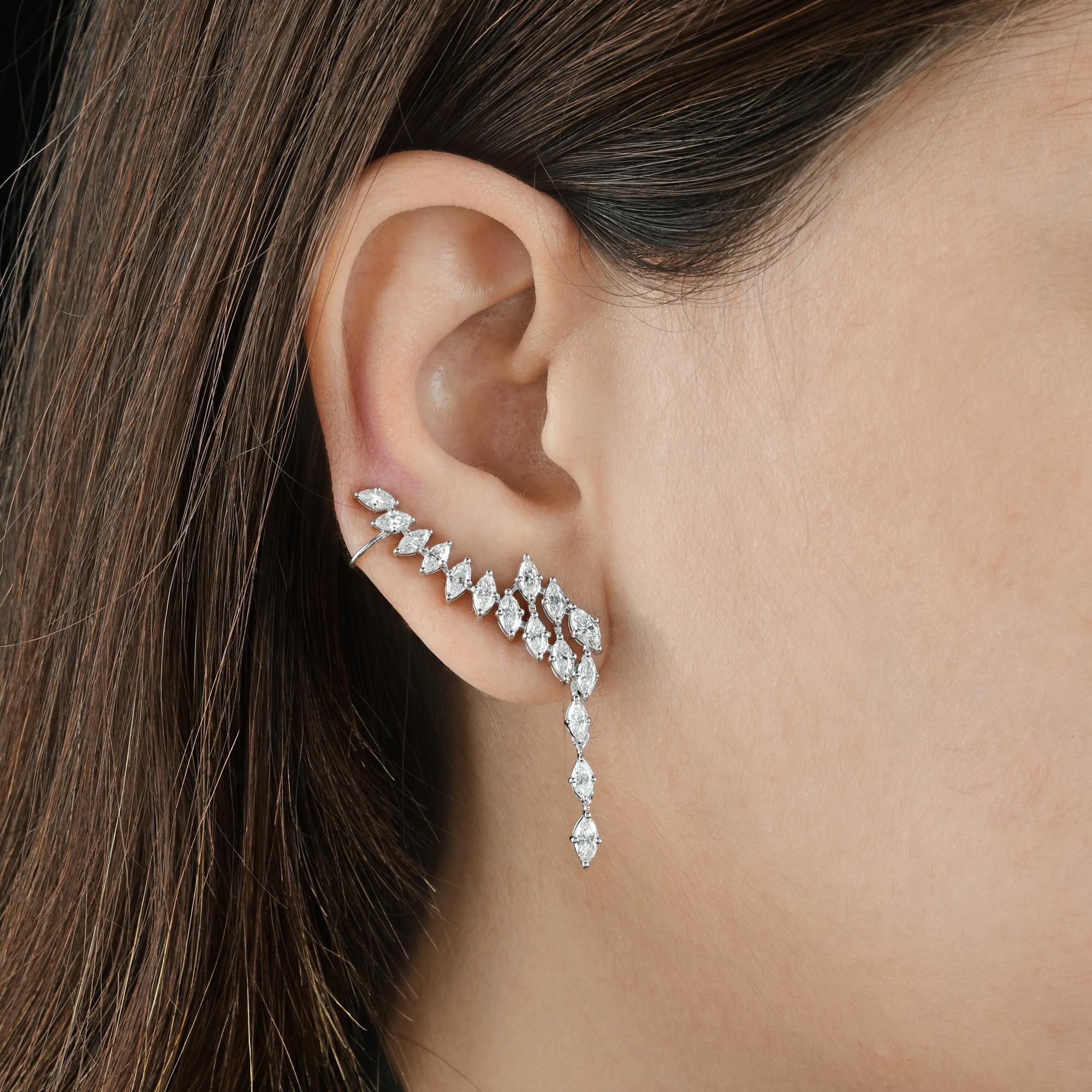 Marquise Cut 3.02 Carat SI/HI Marquise Diamond Ear Cuff Earrings 14 Karat White Gold Jewelry For Sale