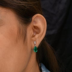 3.02 Carat Zambian Emerald 0.2 Ct SI/H Diamond Drop Earrings 14k White Gold