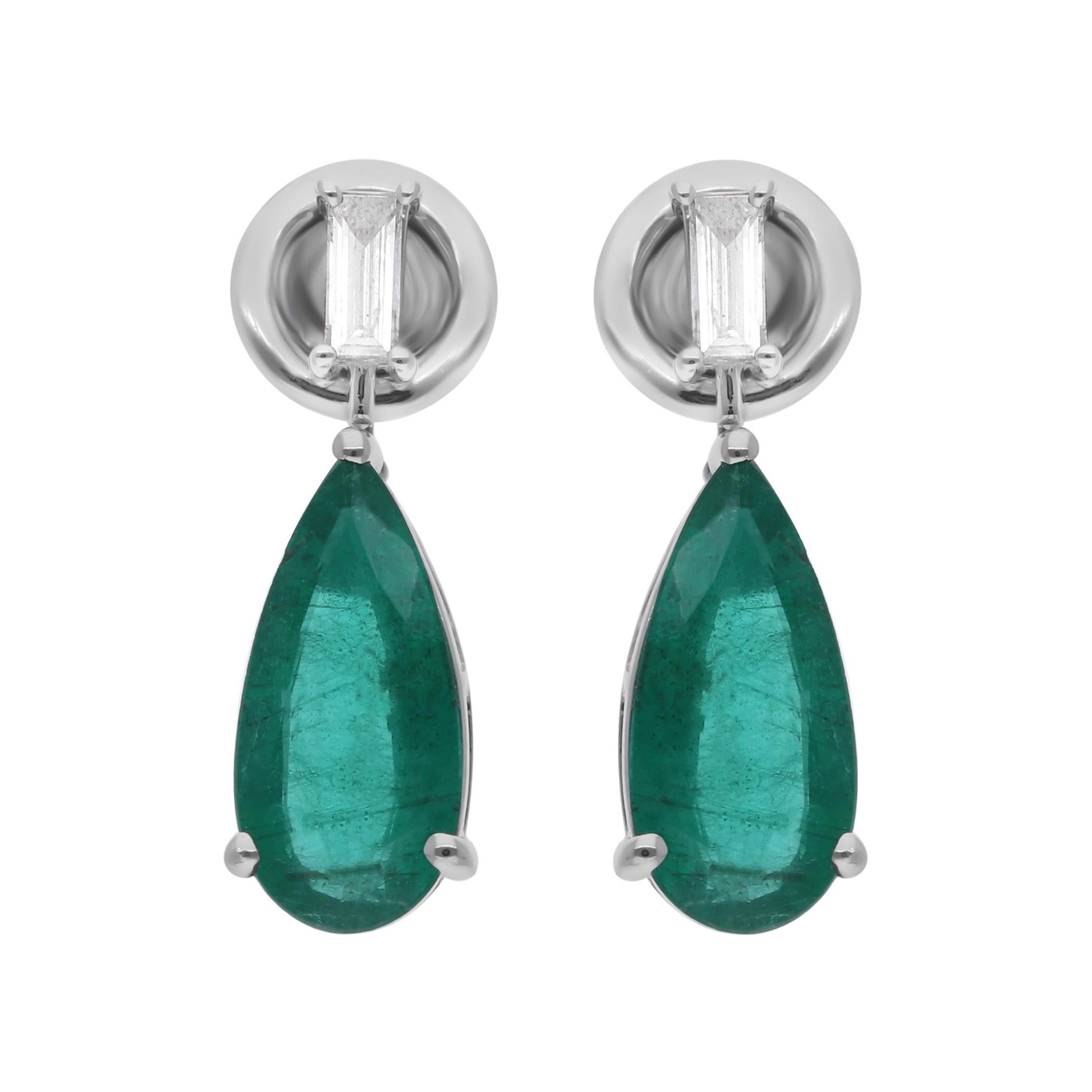 3.02 Carat Zambian Emerald 0.2 Ct SI/H Diamond Drop Earrings 14k White Gold