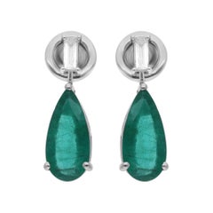 3.02 Carat Zambian Emerald 0.2 Ct SI/H Diamond Drop Earrings 14k White Gold