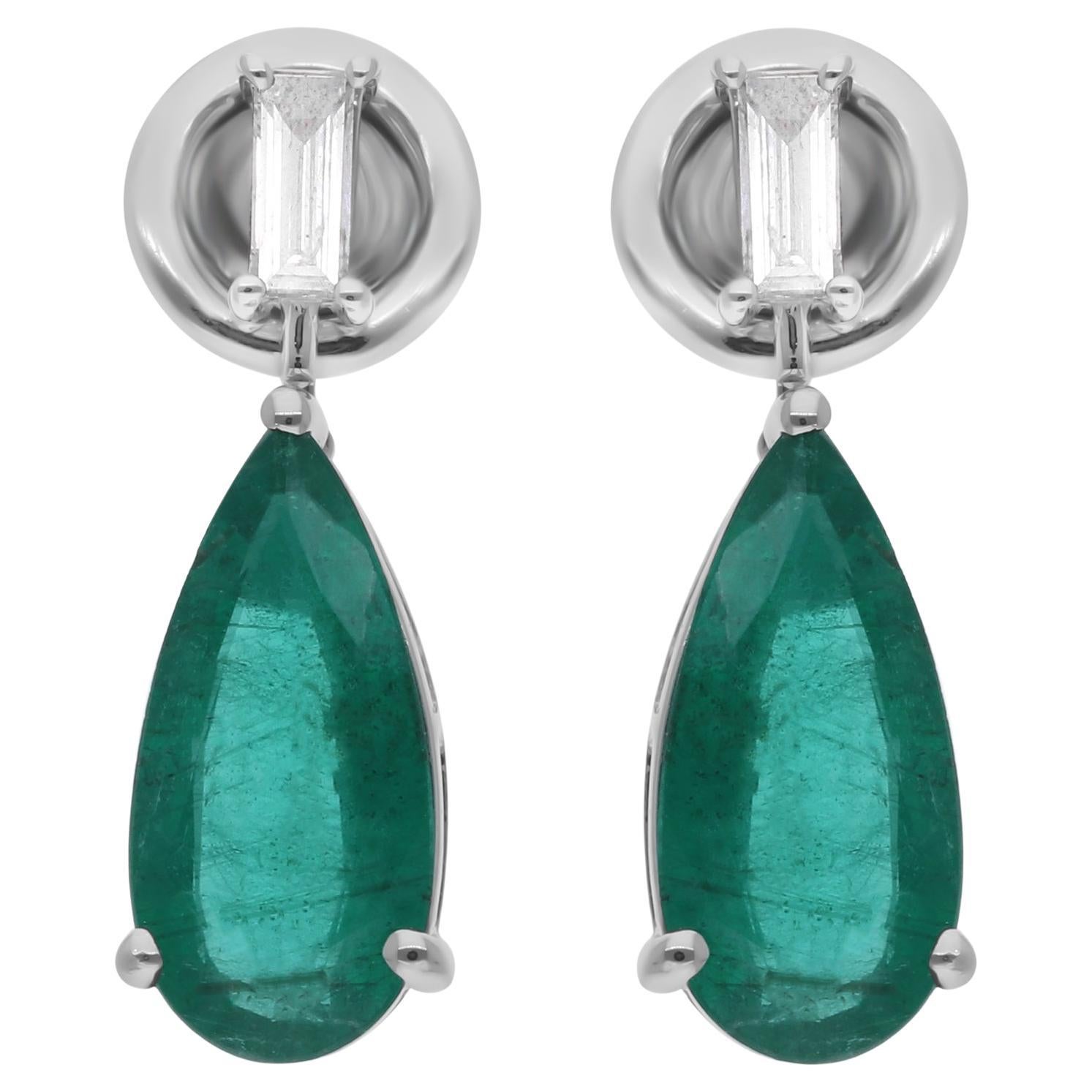 Pendientes Esmeralda de Zambia de 3,02 quilates 0,20 qt Diamante Baguette SI/H Oro Blanco de 14k